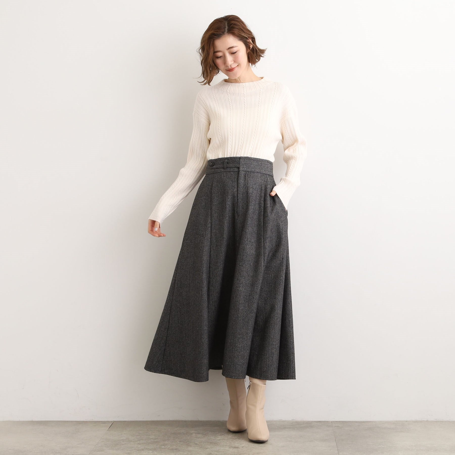 グローブ grove へリンボンツイードフレアマキシスカート （ブラウン(044)） ブラウン(044)