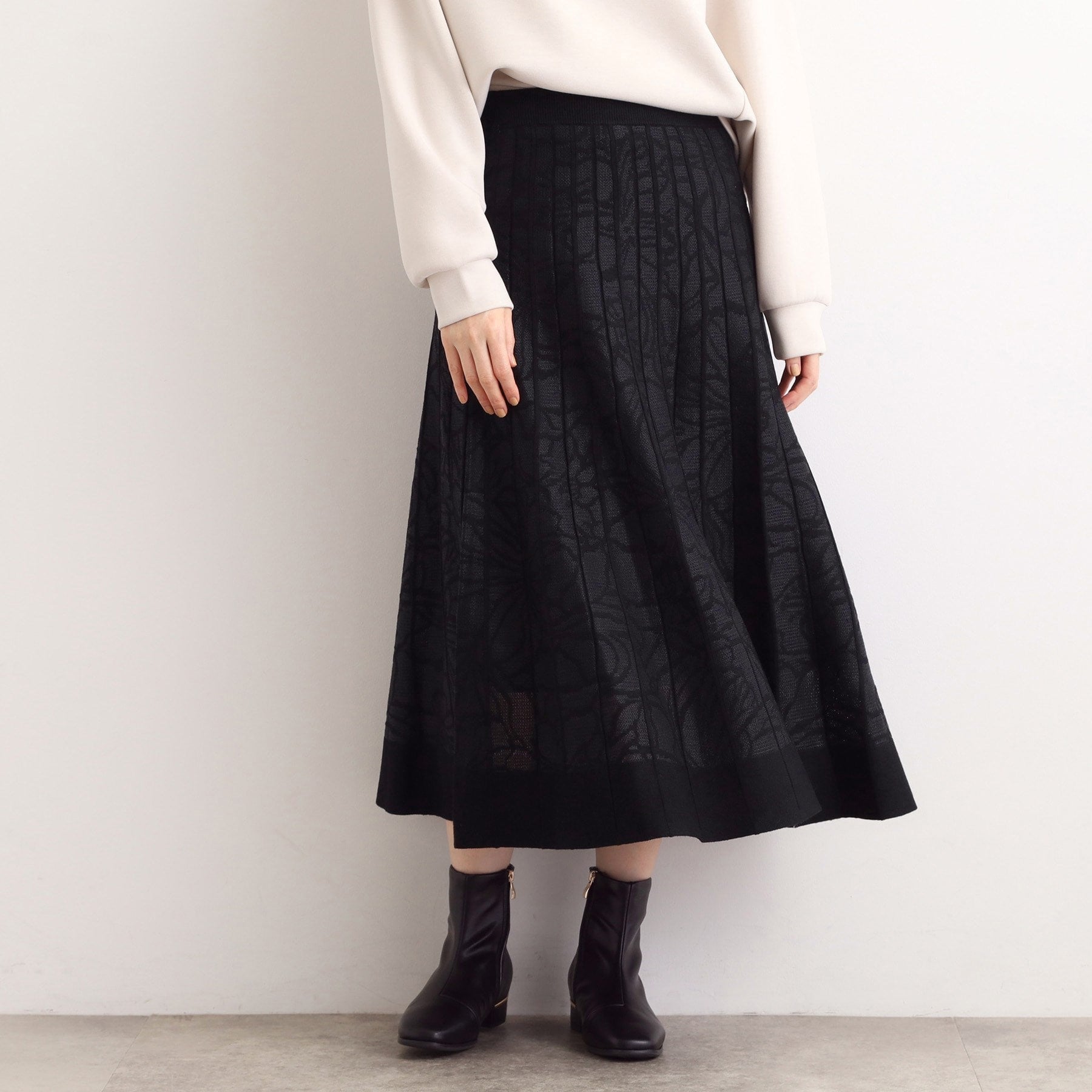 グローブ grove 【SET UP対応】レース柄ジャカードプリーツ風ニットスカート （ブラック(019)） ブラック(019)