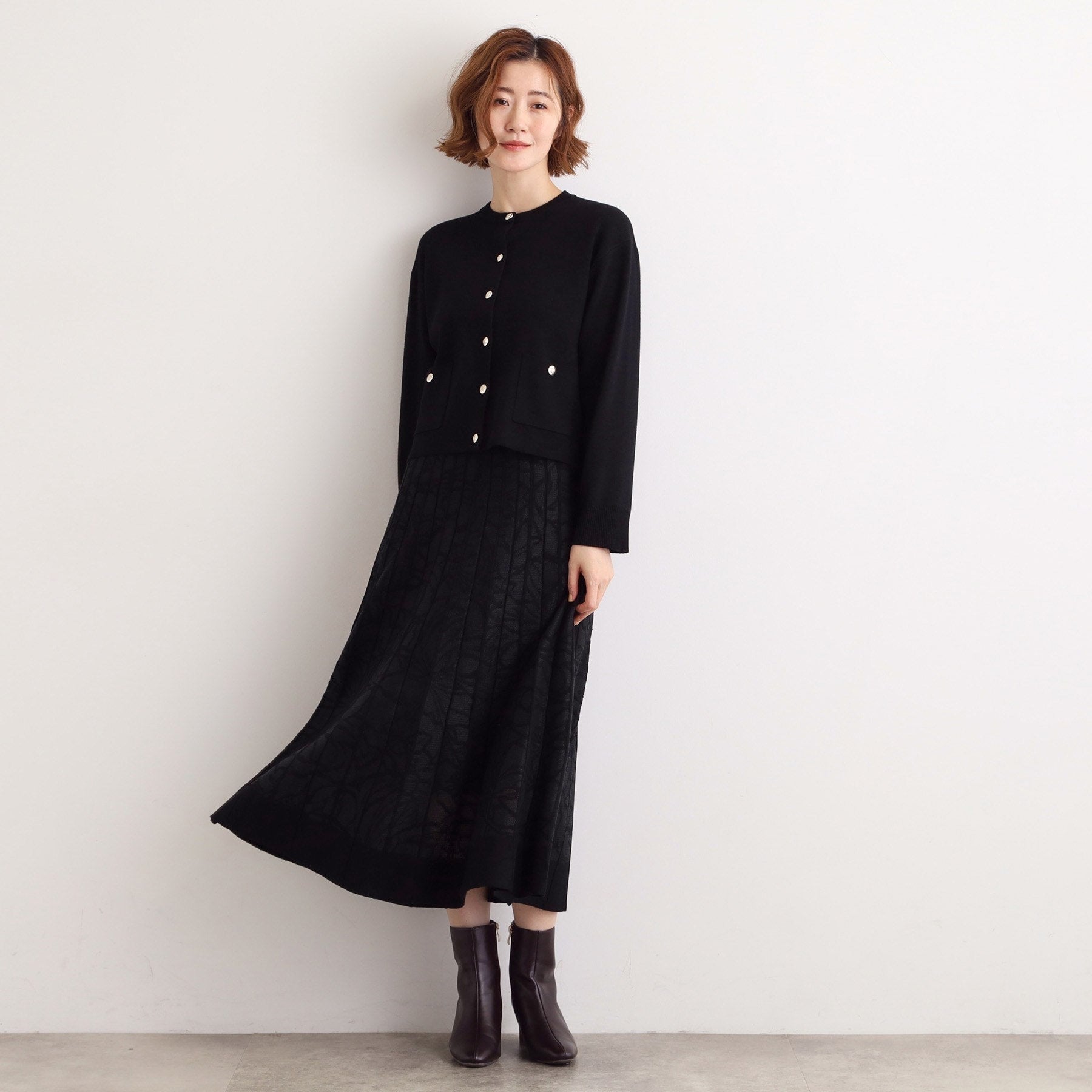 グローブ grove 【SET UP対応】レース柄ジャカードプリーツ風ニットスカート （ブラック(019)） ブラック(019)