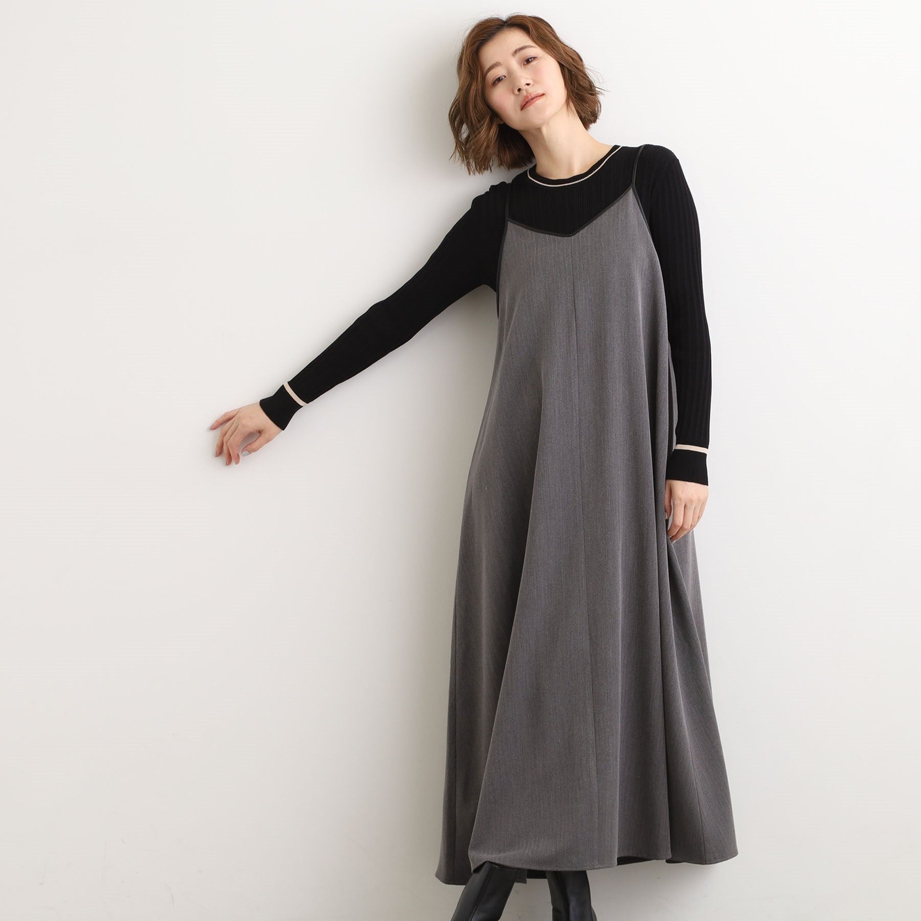 グローブ grove パイピングへリンボンキャミワンピース （チャコールグレー(014)） チャコールグレー(014)