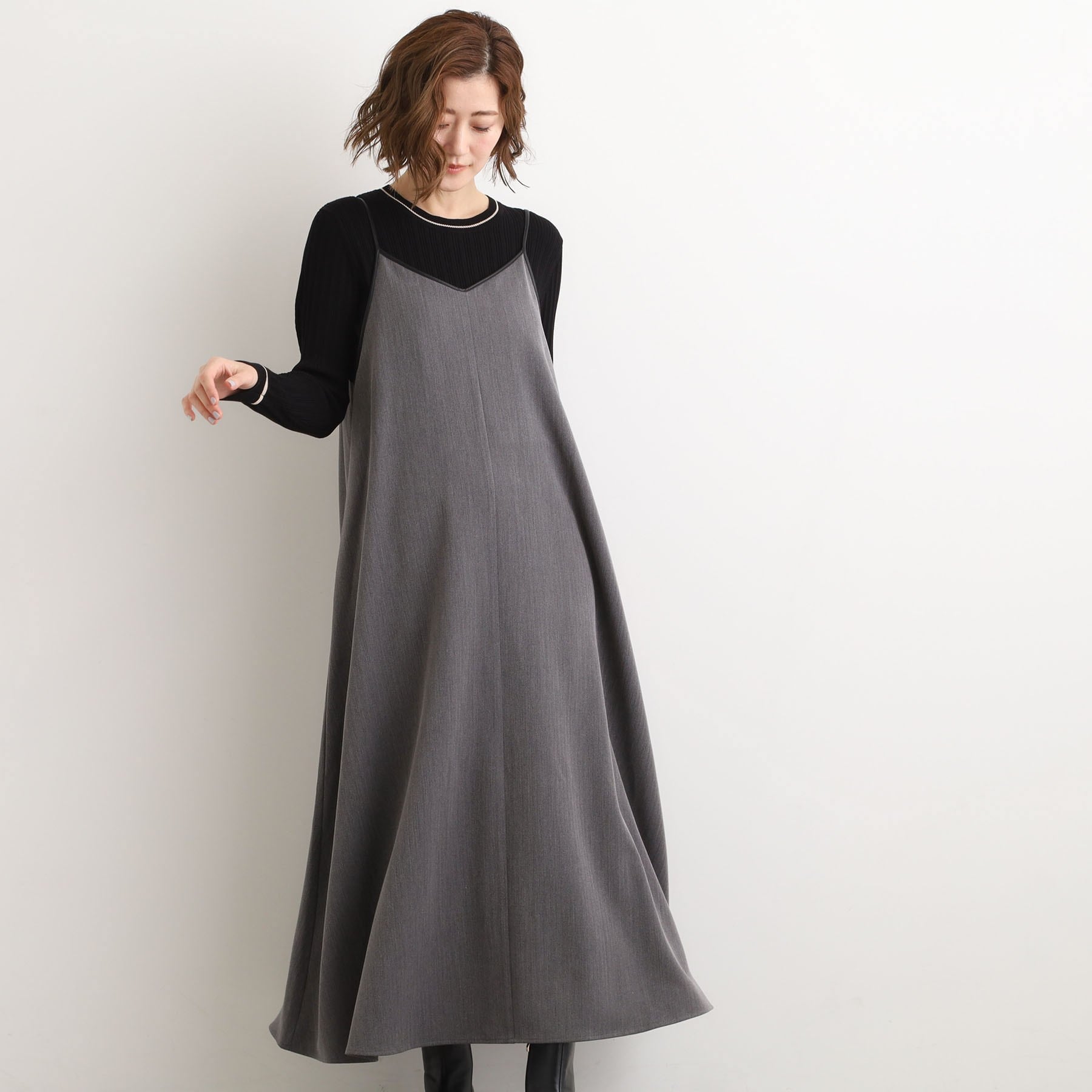 グローブ grove パイピングへリンボンキャミワンピース （チャコールグレー(014)） チャコールグレー(014)