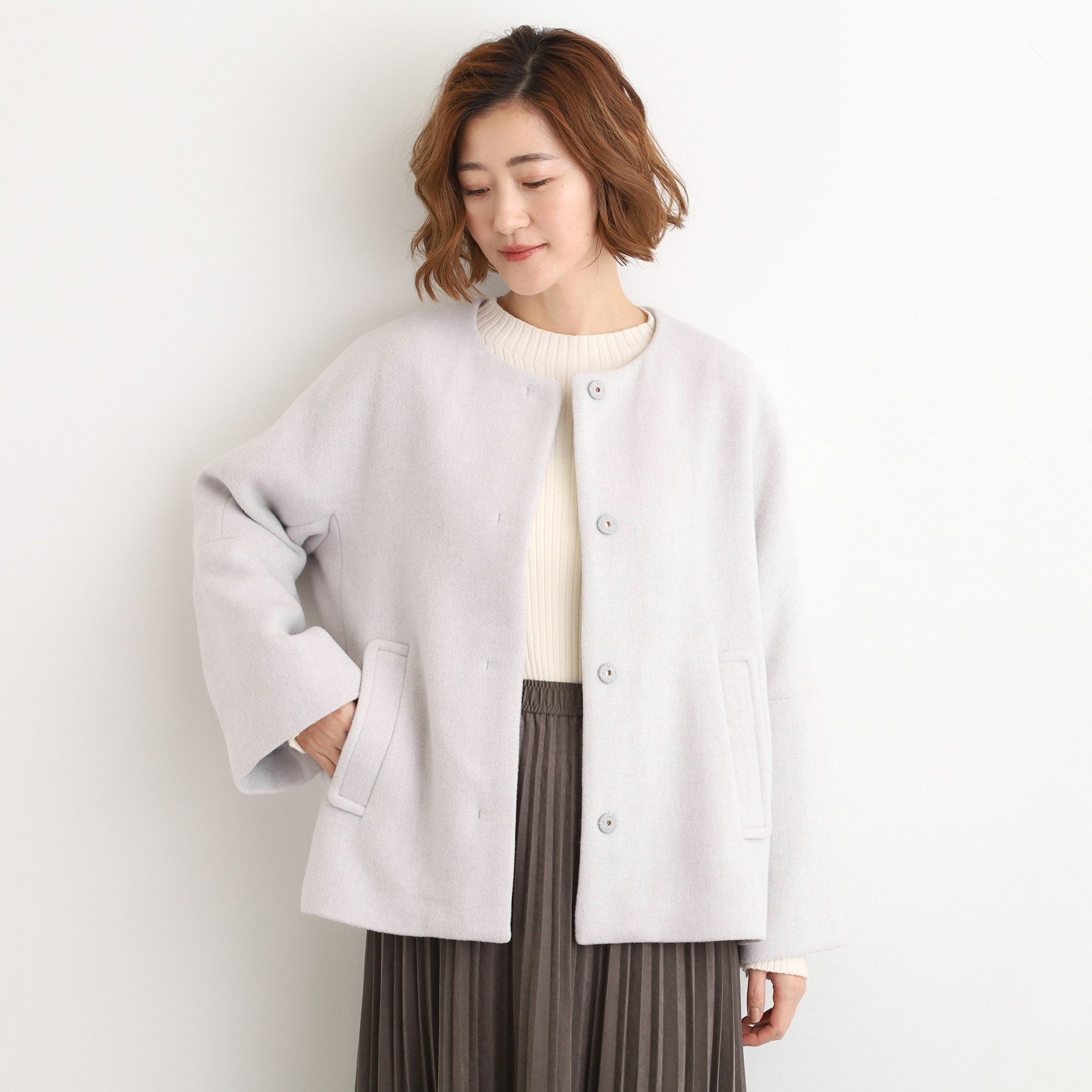 グローブ grove ウールブレンドモッサ ノーカラーショートコート （スミクロ(014)） スミクロ(014)