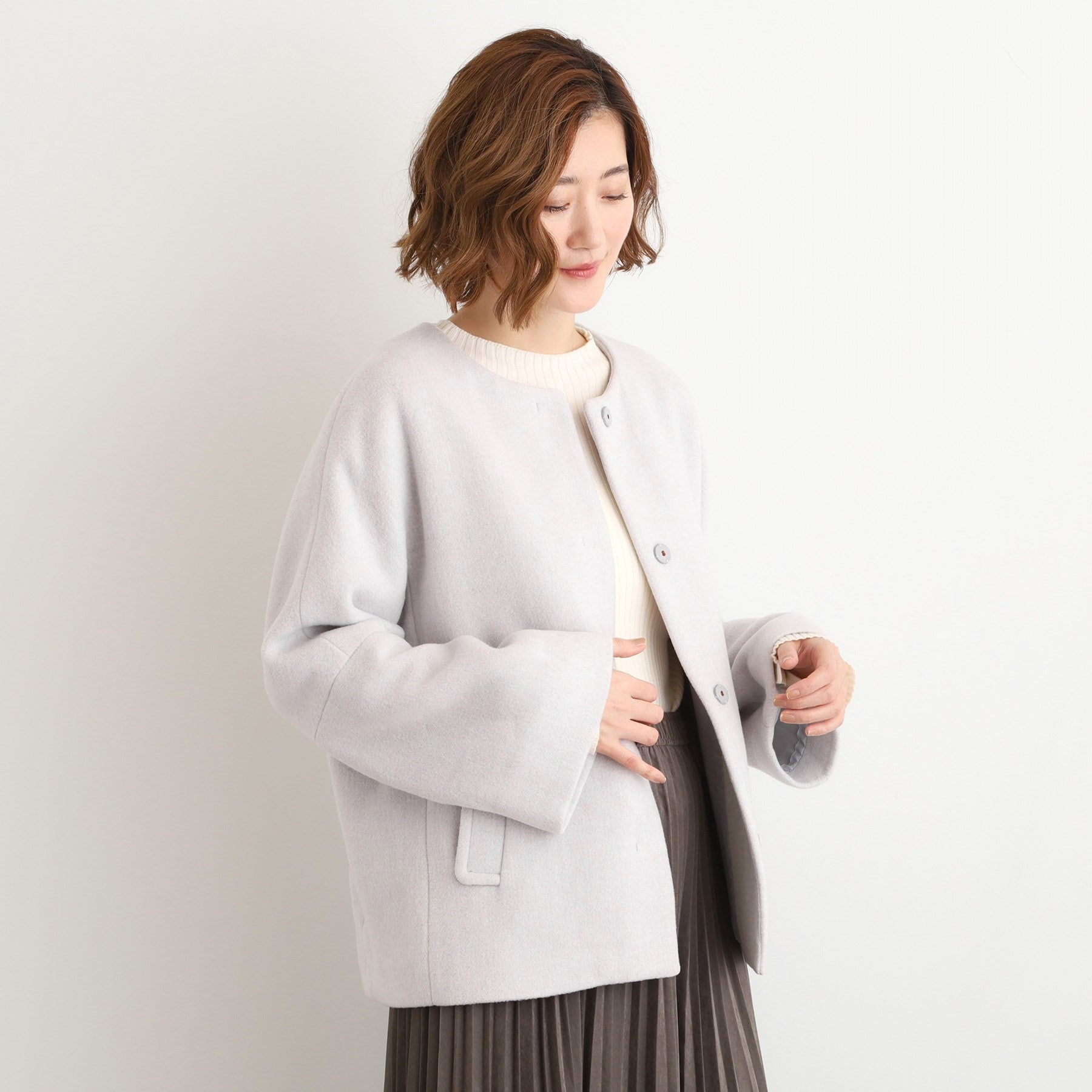 グローブ grove ウールブレンドモッサ ノーカラーショートコート （スミクロ(014)） スミクロ(014)