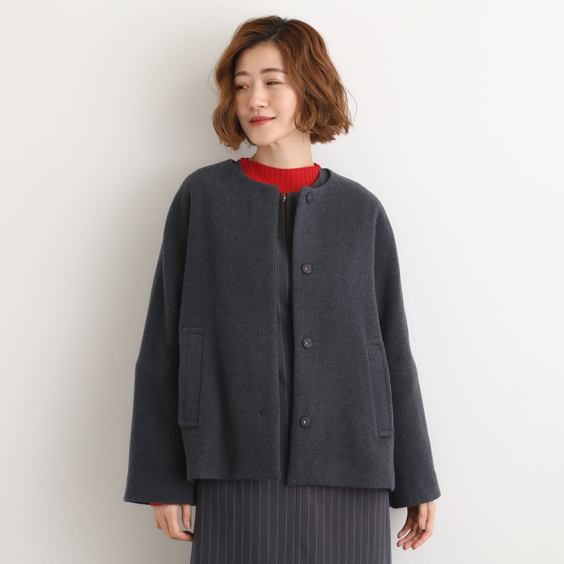 グローブ grove ウールブレンドモッサ ノーカラーショートコート （スミクロ(014)） スミクロ(014)