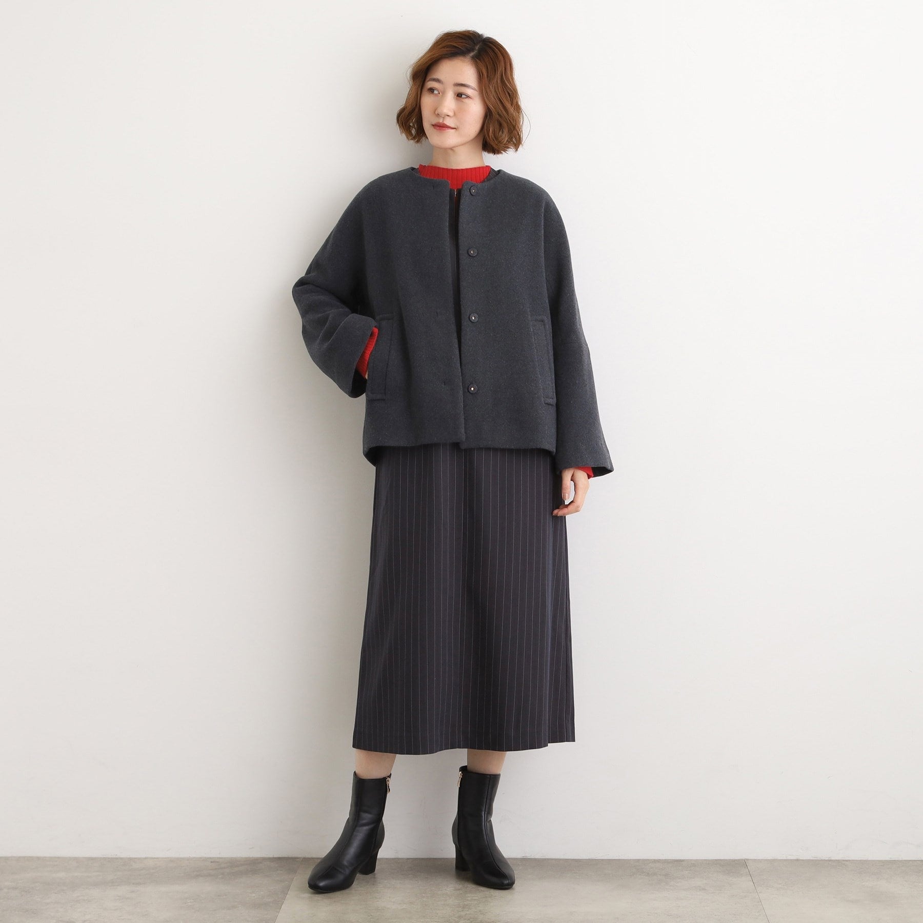 グローブ grove ウールブレンドモッサ ノーカラーショートコート （スミクロ(014)） スミクロ(014)