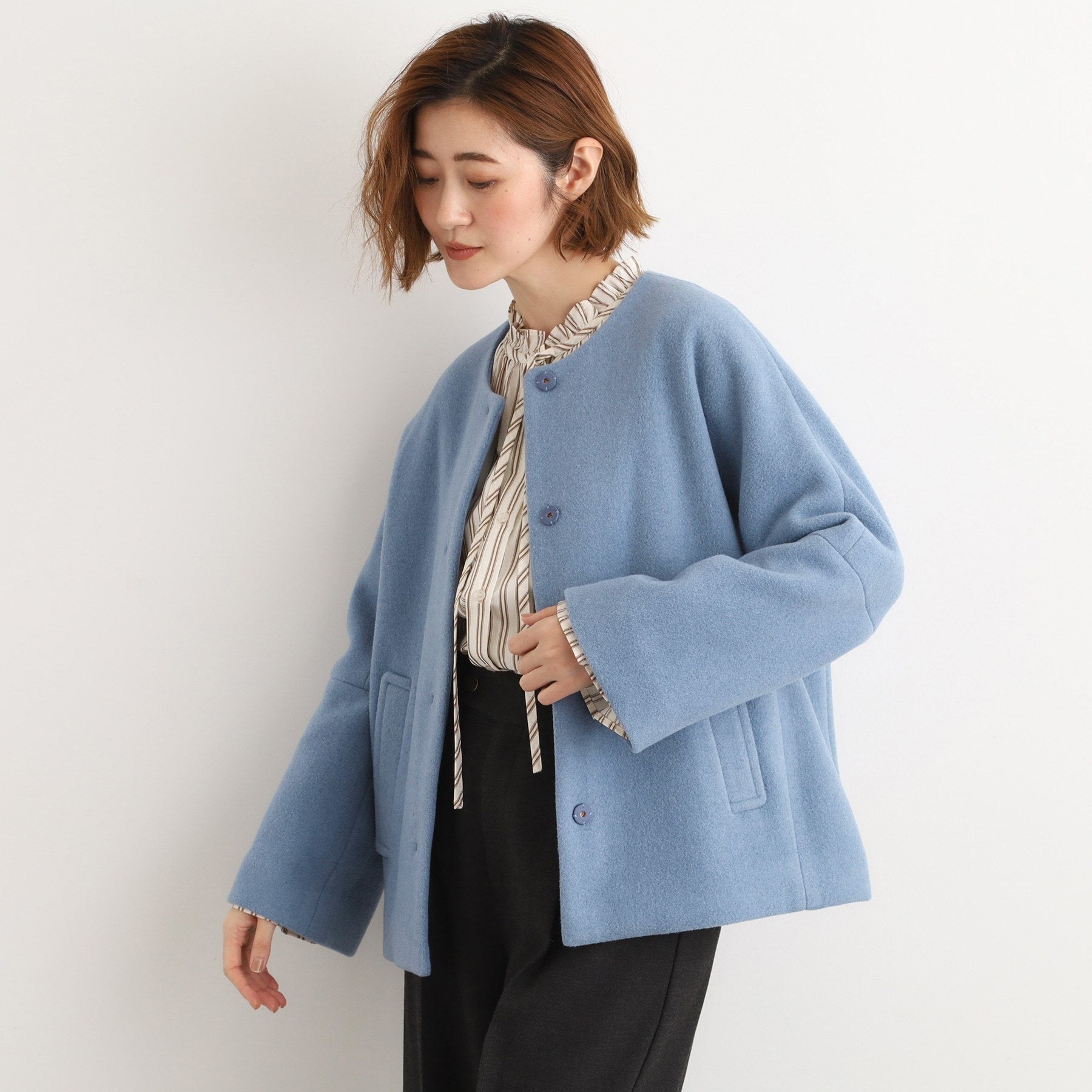 グローブ grove ウールブレンドモッサ ノーカラーショートコート （スミクロ(014)） スミクロ(014)