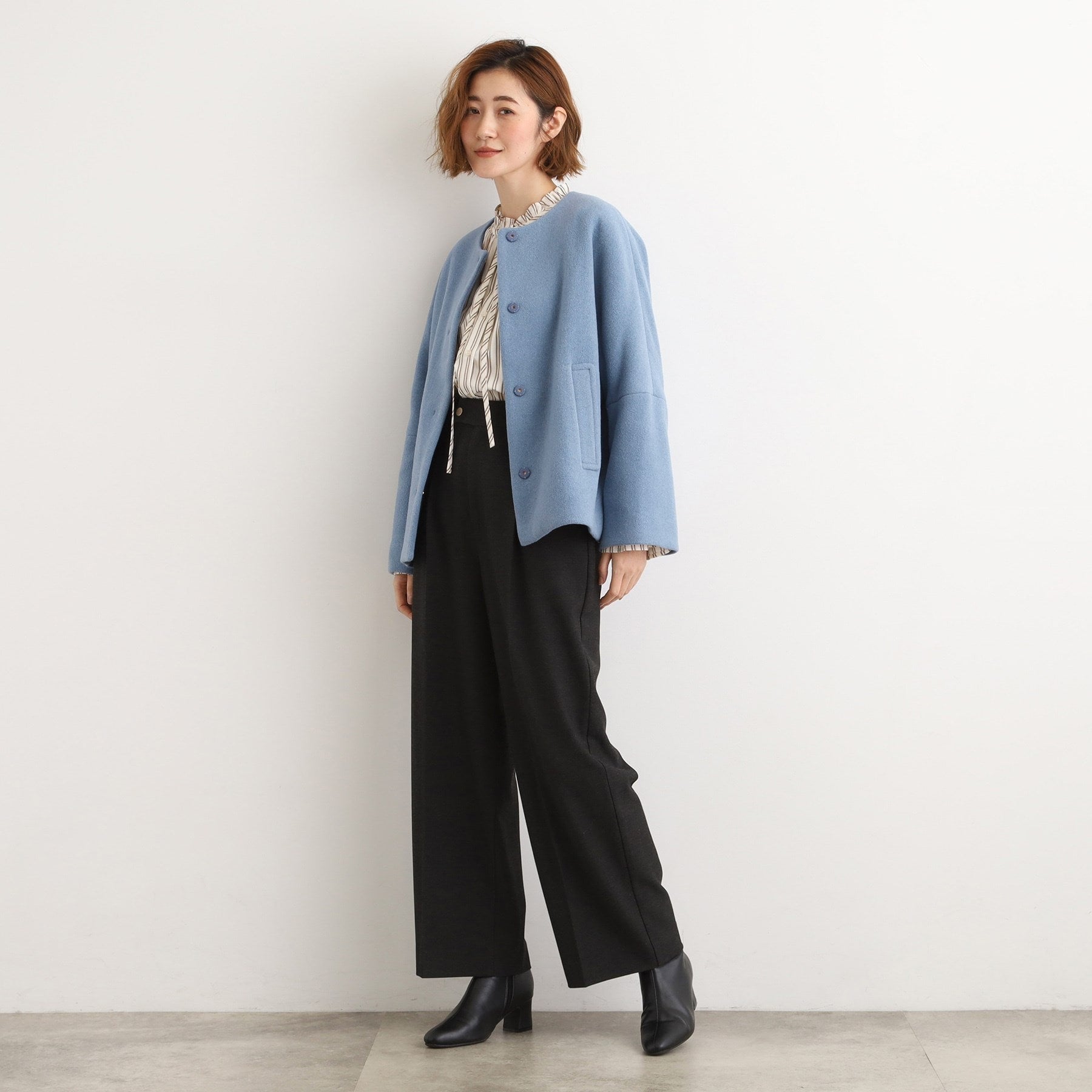 グローブ grove ウールブレンドモッサ ノーカラーショートコート （スミクロ(014)） スミクロ(014)