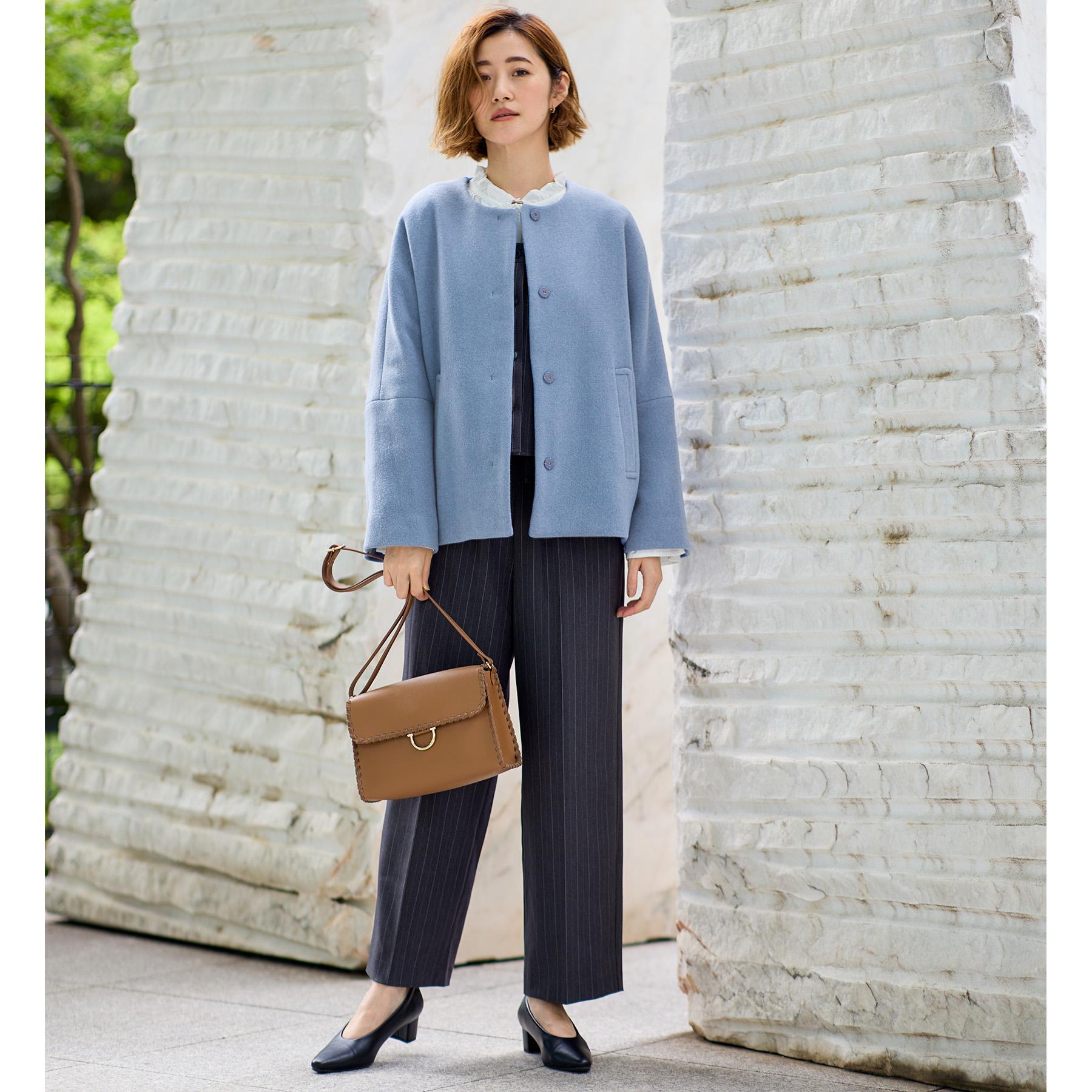 グローブ grove ウールブレンドモッサ ノーカラーショートコート （スミクロ(014)） スミクロ(014)