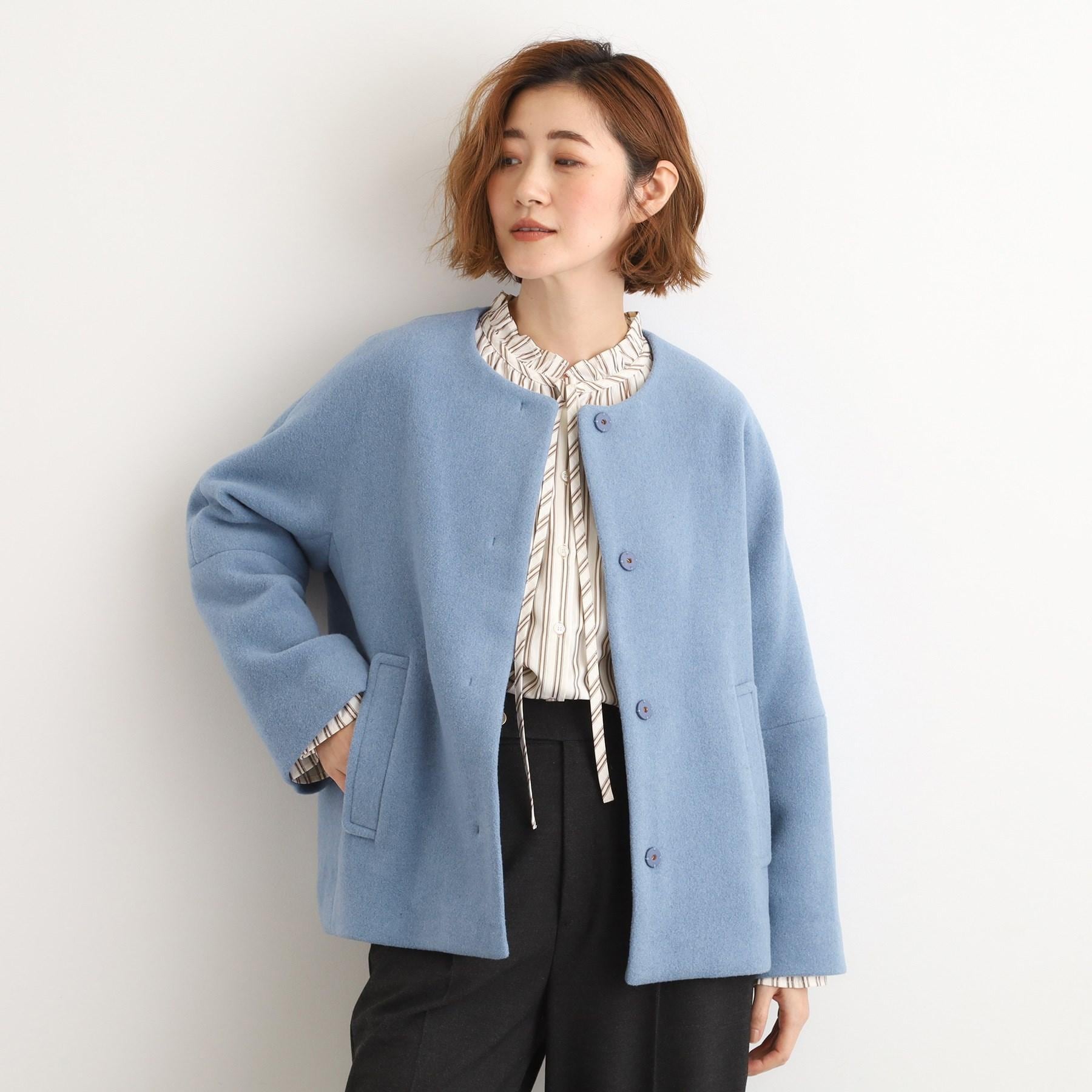 グローブ grove ウールブレンドモッサ ノーカラーショートコート （スミクロ(014)） スミクロ(014)