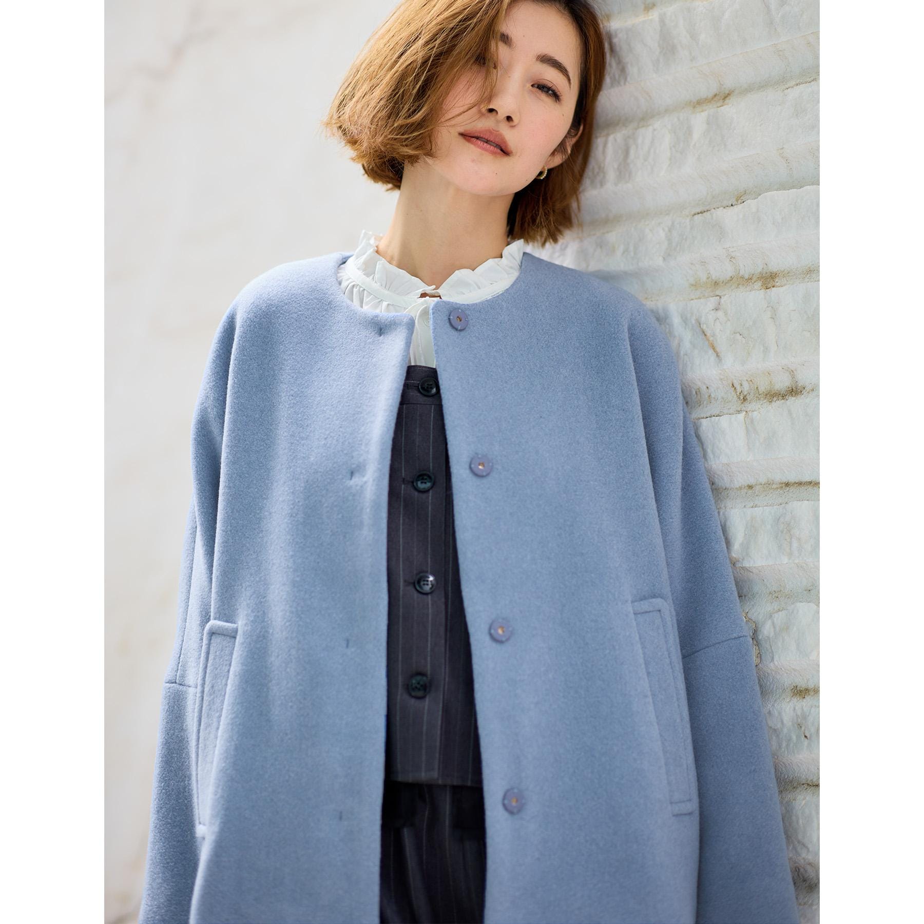 グローブ grove ウールブレンドモッサ ノーカラーショートコート （スミクロ(014)） スミクロ(014)