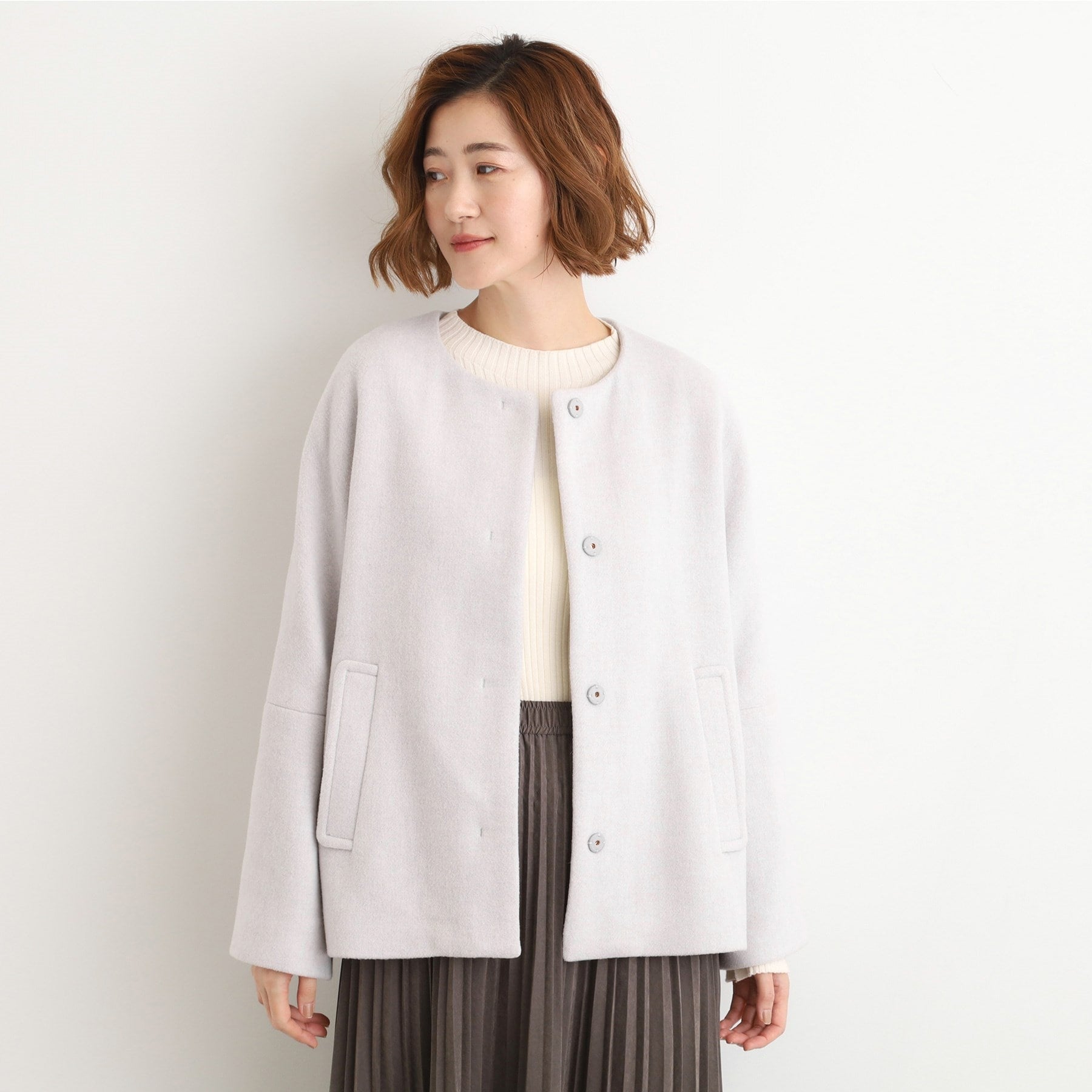 グローブ grove ウールブレンドモッサ ノーカラーショートコート （アイスグレー(010)） アイスグレー(010)