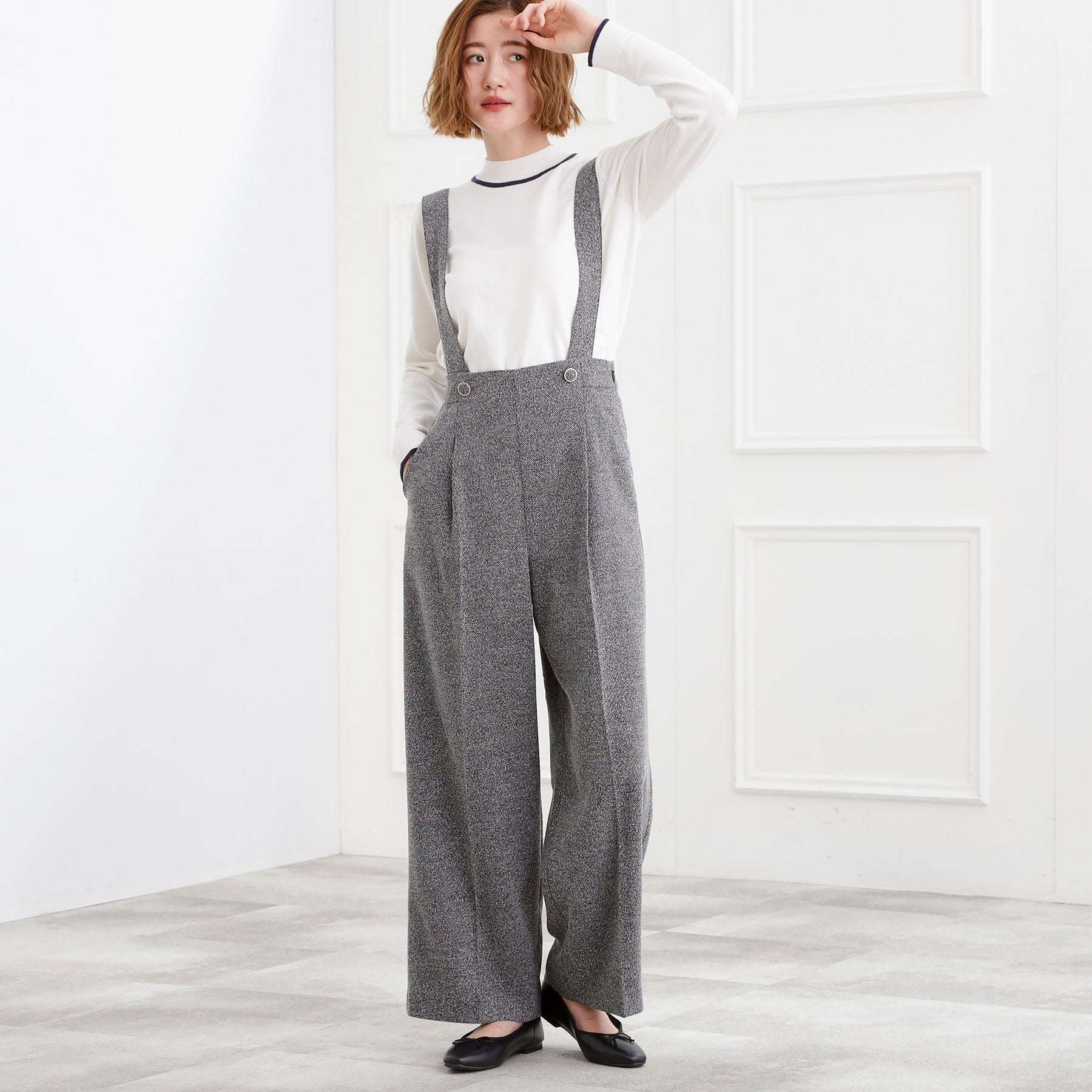 グローブ grove ショルダーストラップツイードパンツ （ブラック(019)） ブラック(019)