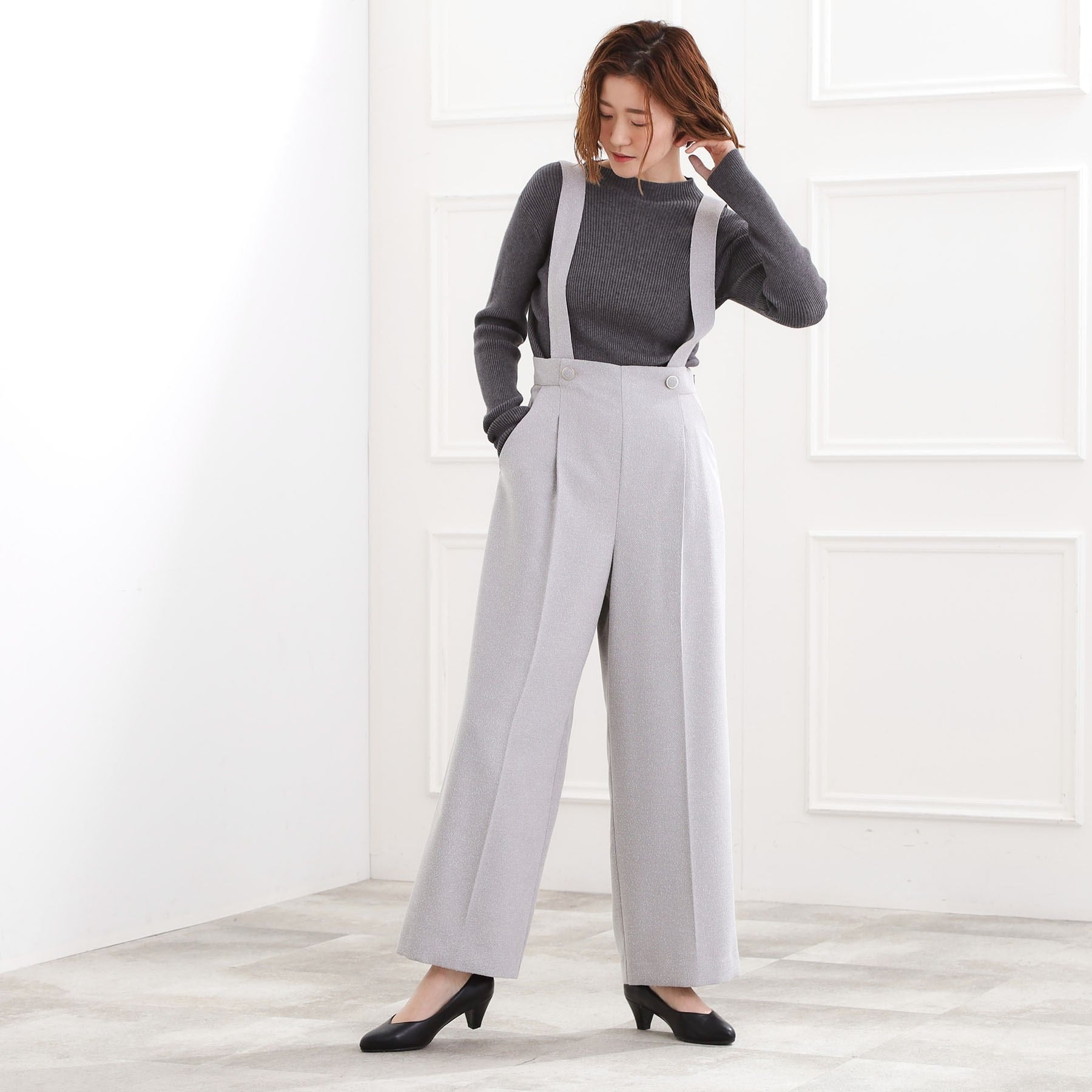 グローブ grove ショルダーストラップツイードパンツ （ブラック(019)） ブラック(019)