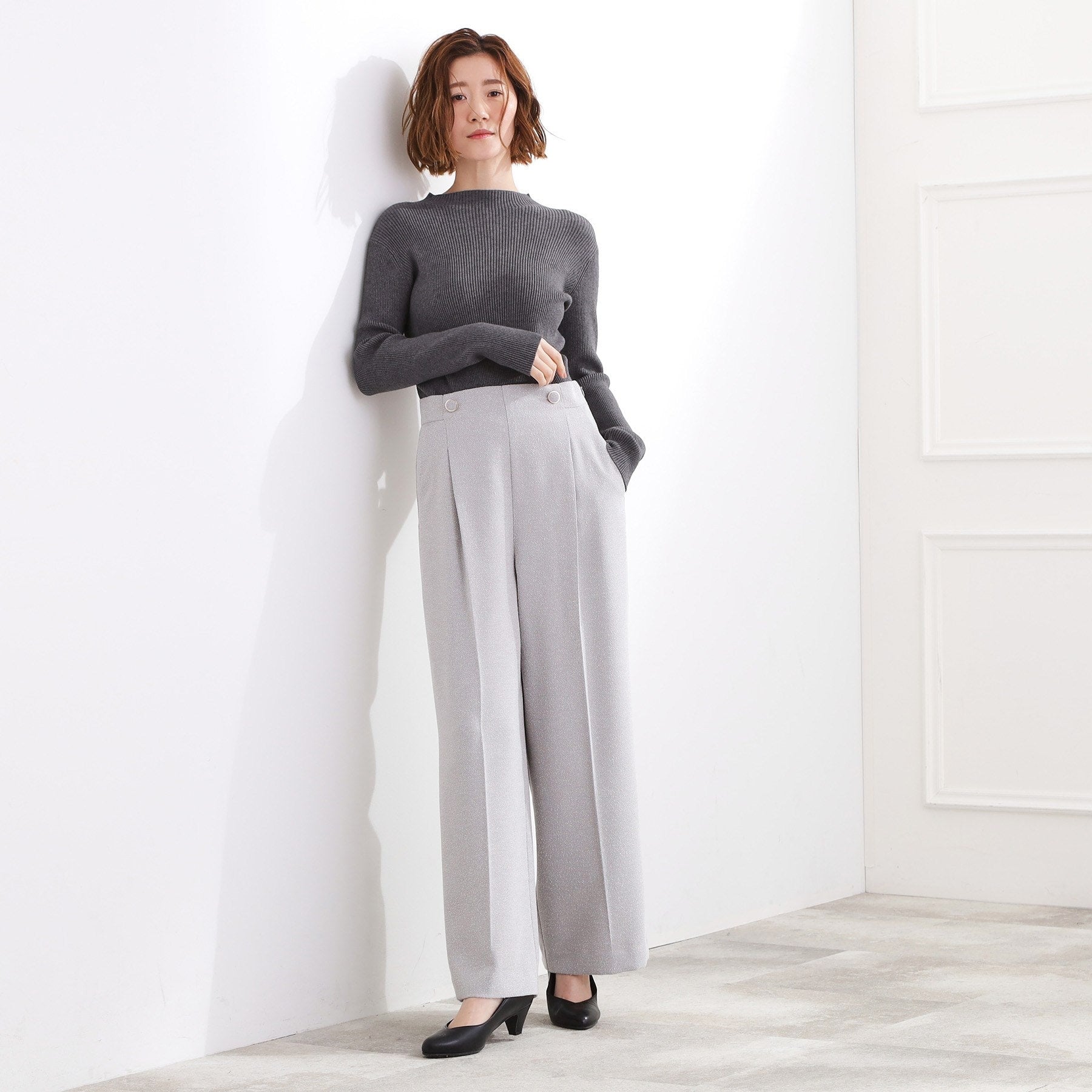 グローブ grove ショルダーストラップツイードパンツ （ブラック(019)） ブラック(019)