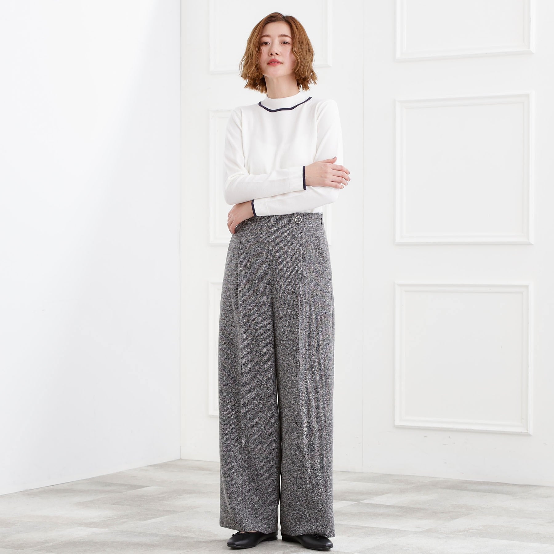 グローブ grove ショルダーストラップツイードパンツ （ブラック(019)） ブラック(019)