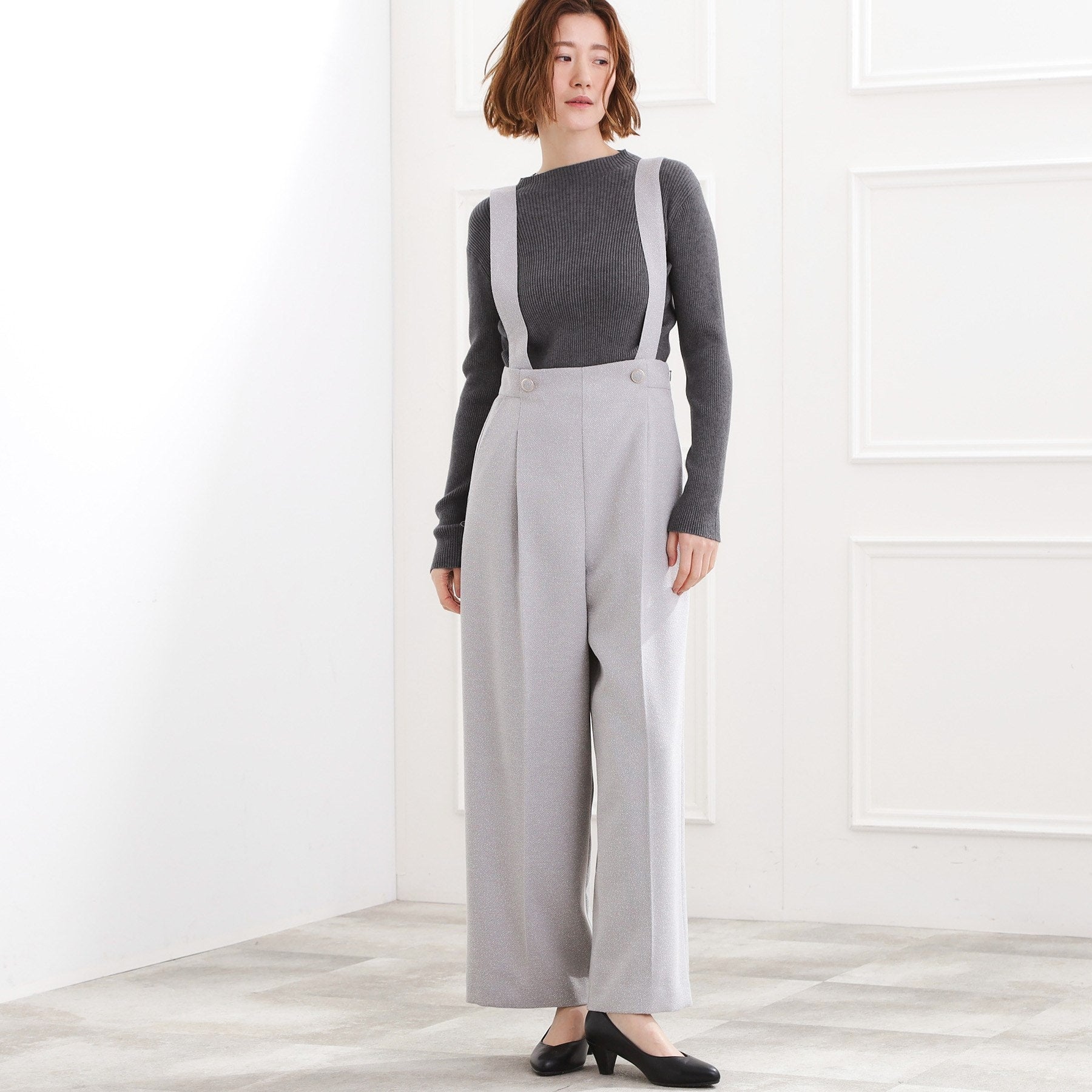 グローブ grove ショルダーストラップツイードパンツ （グレー(012)） グレー(012)