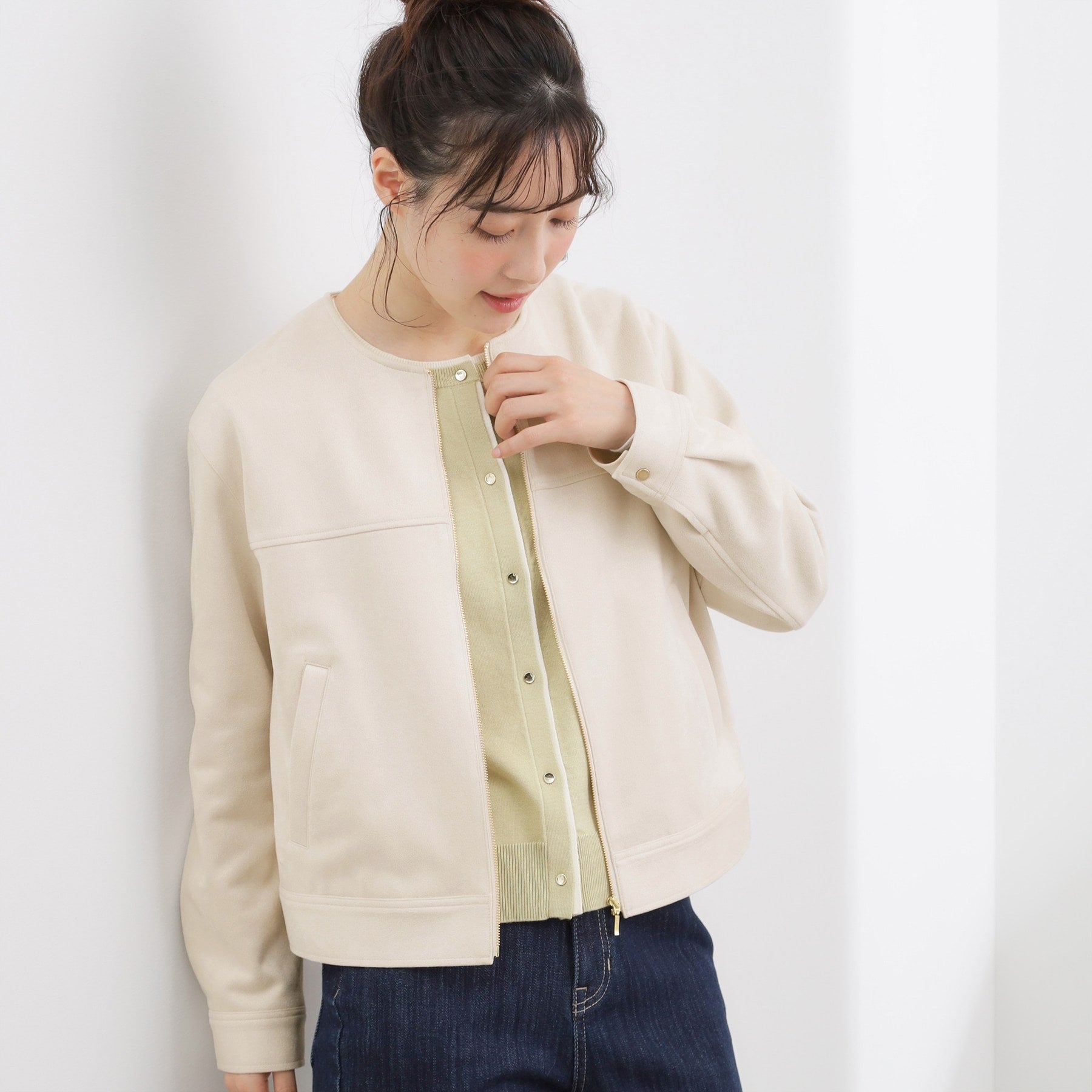 グローブ grove スエードライク ノーカラーブルゾン （ベージュ(052)） ベージュ(052)