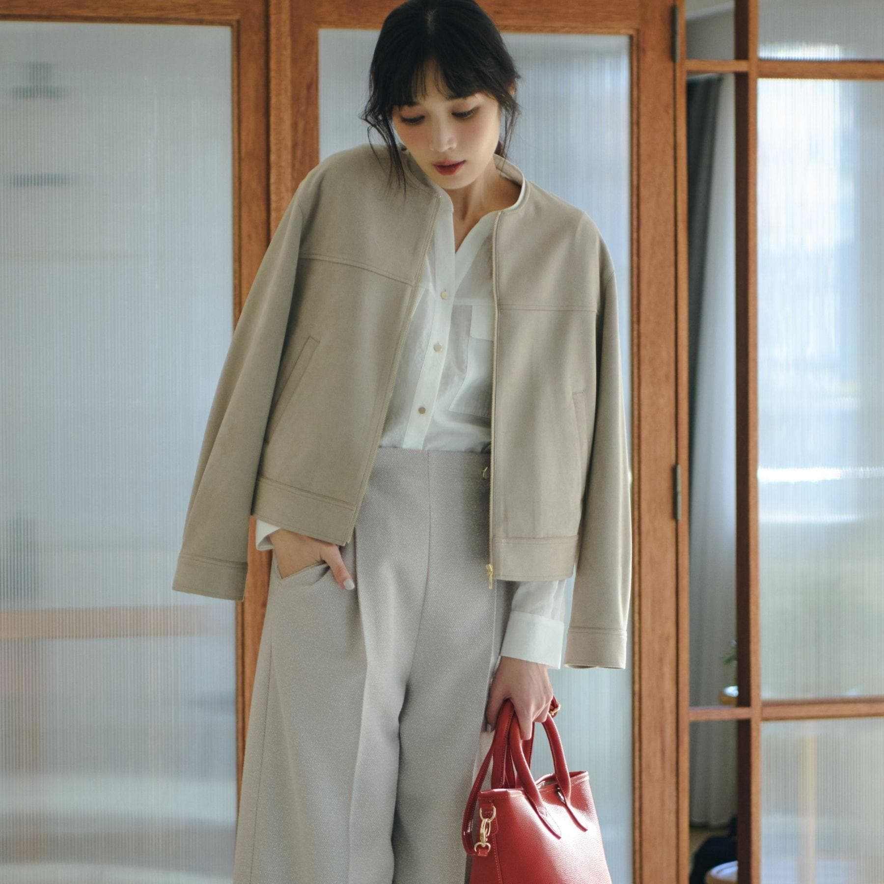 グローブ grove スエードライク ノーカラーブルゾン （ベージュ(052)） ベージュ(052)