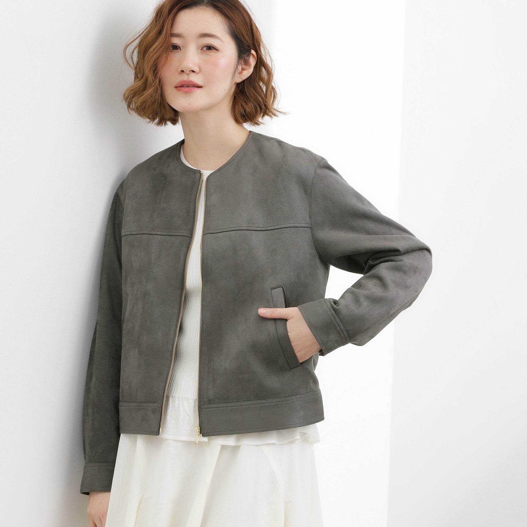 グローブ grove スエードライク ノーカラーブルゾン （チャコールグレー(014)） チャコールグレー(014)