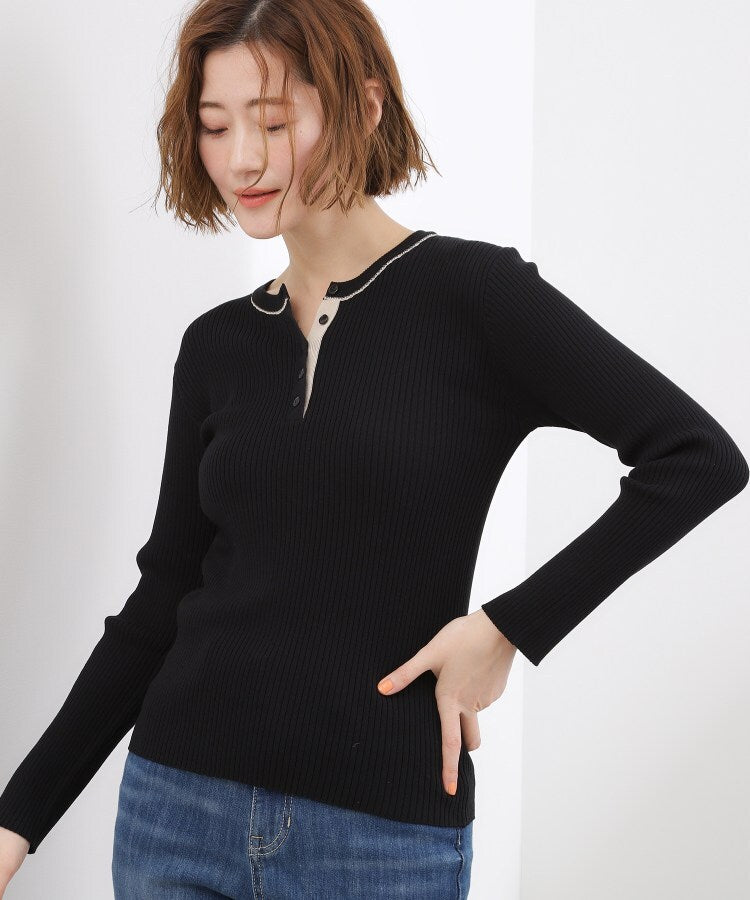 グローブ grove バイカラー ヘンリーネックリブニット （ブラック(019)） ブラック(019)