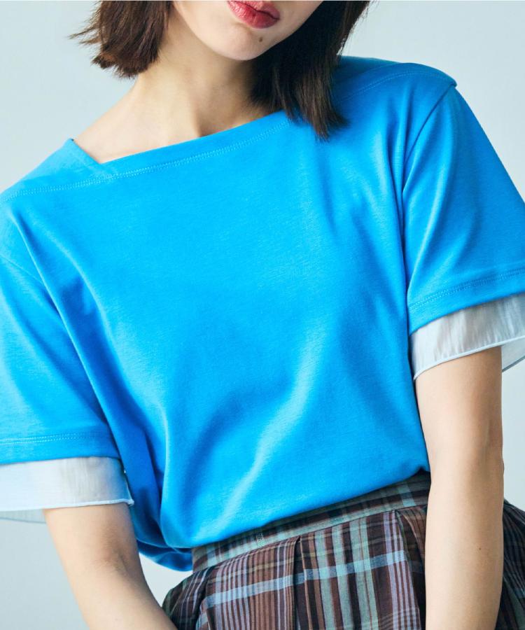 グローブ grove 【二の腕カバー】袖口シアースクエアネックTシャツ （ブルー(091)） ブルー(091)