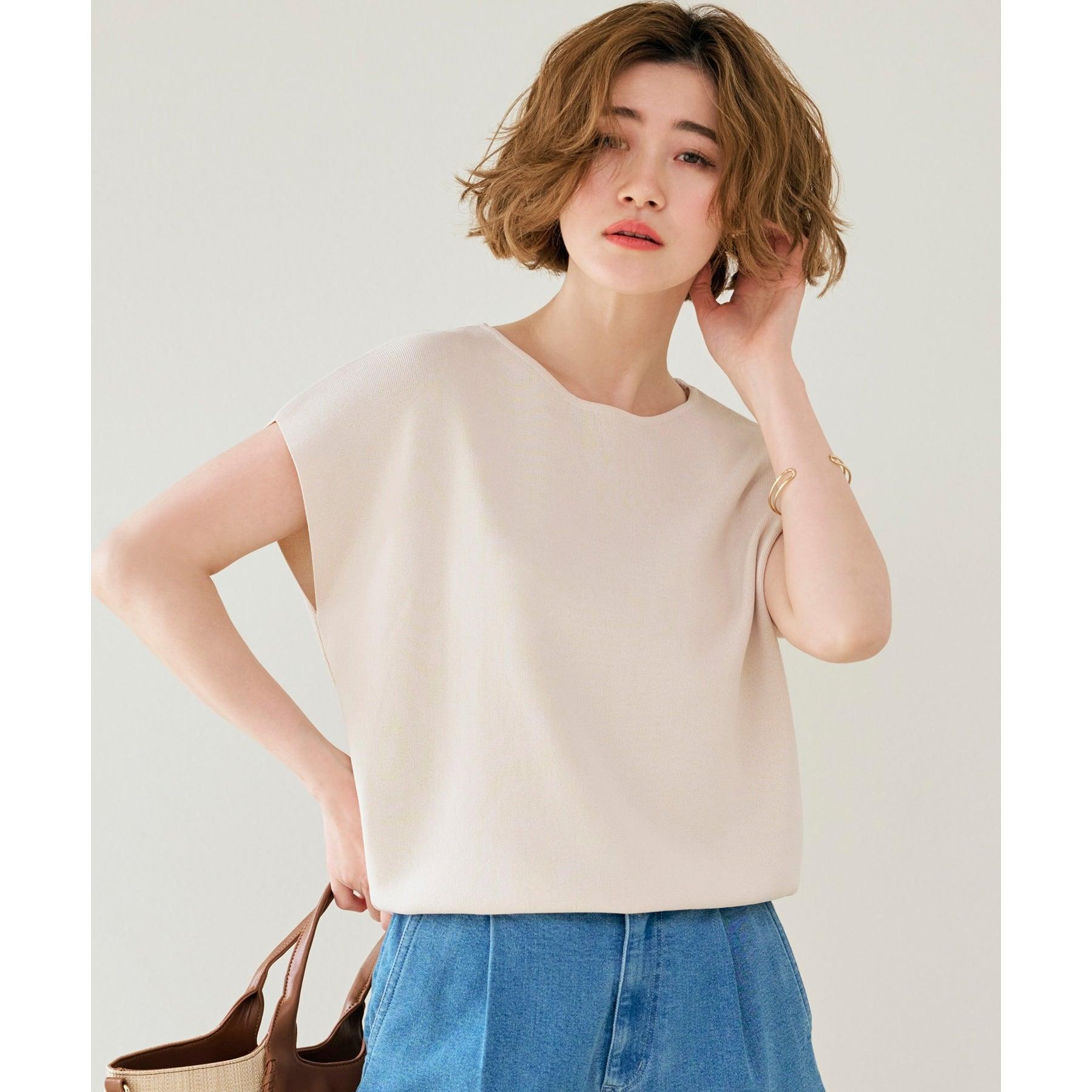 グローブ grove 【夏に嬉しい機能付き】やわらかドライタッチフレンチスリーブニット,グレージュ(050)