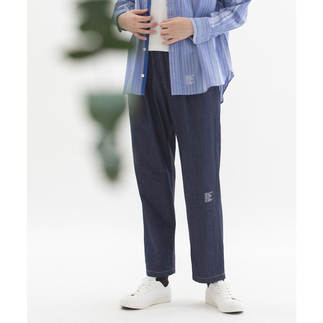 Nop de Nod Right Hem Logo Print Denim Twill Pants