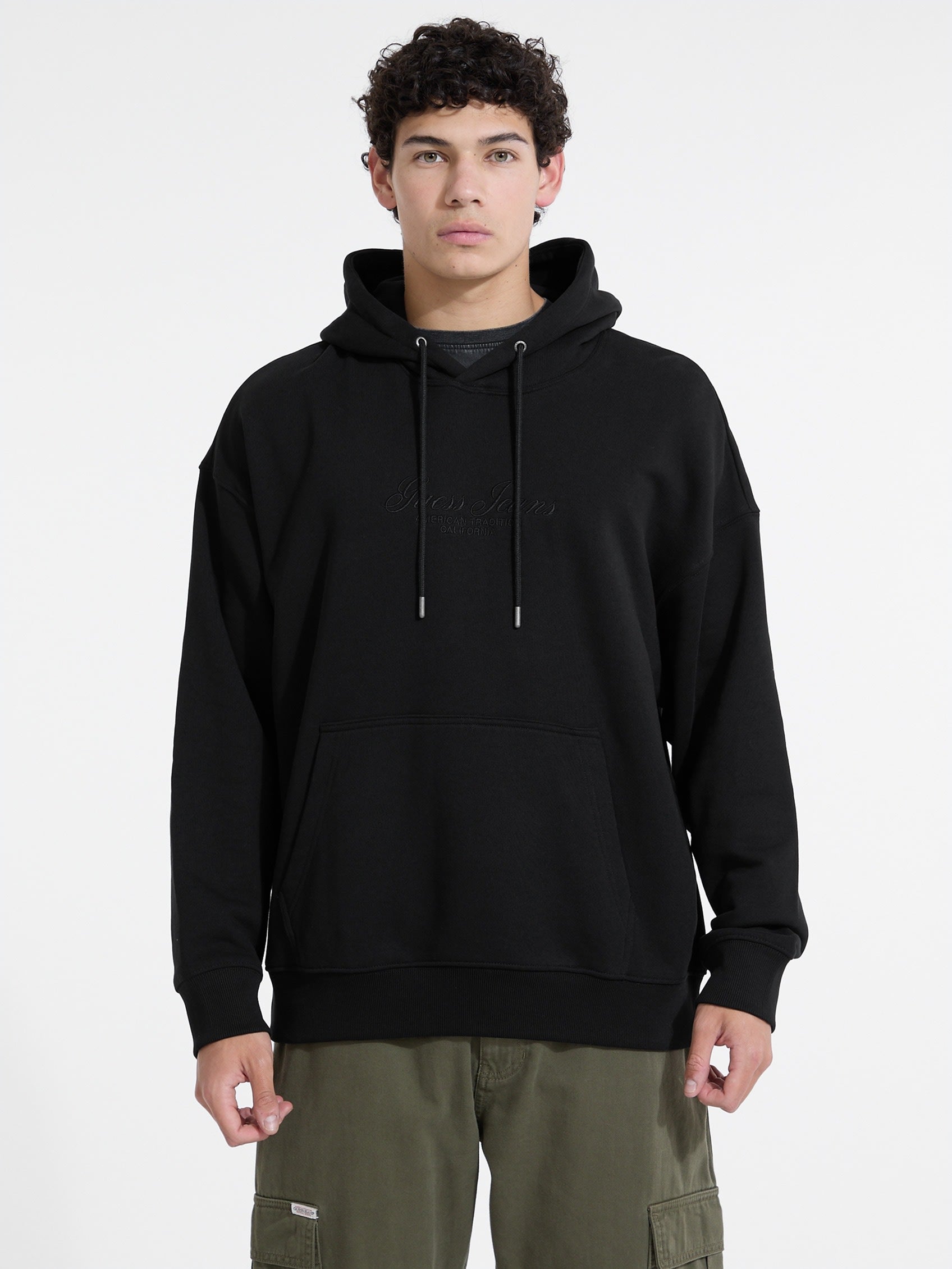 ゲス GUESS GUESS JEANS Hood Os 3D Embro Script Logo Sweat （JBLK） JBLK