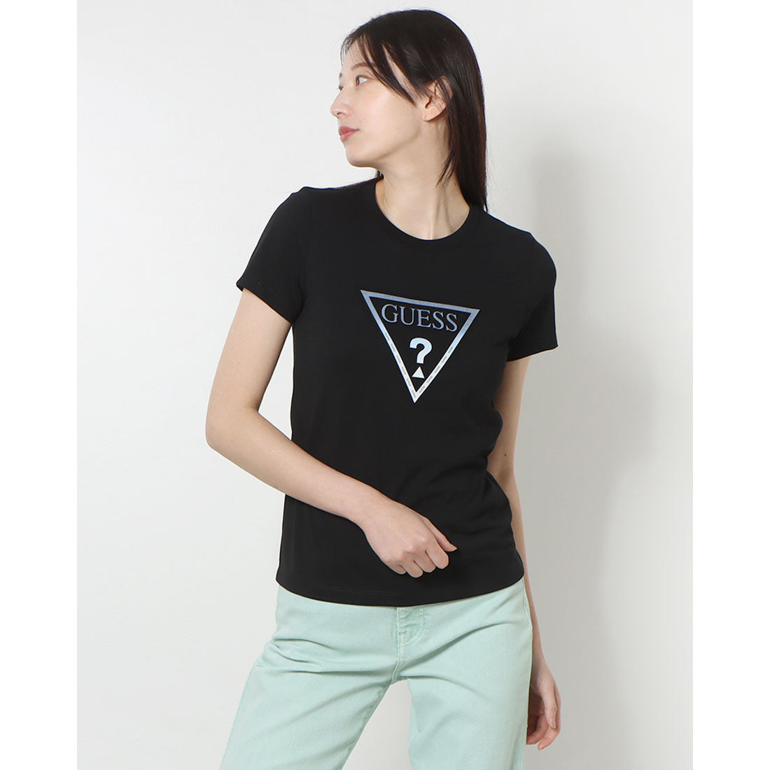ゲス GUESS Denim Emboss Triangle Tee  Tシャツ レディース,BLK