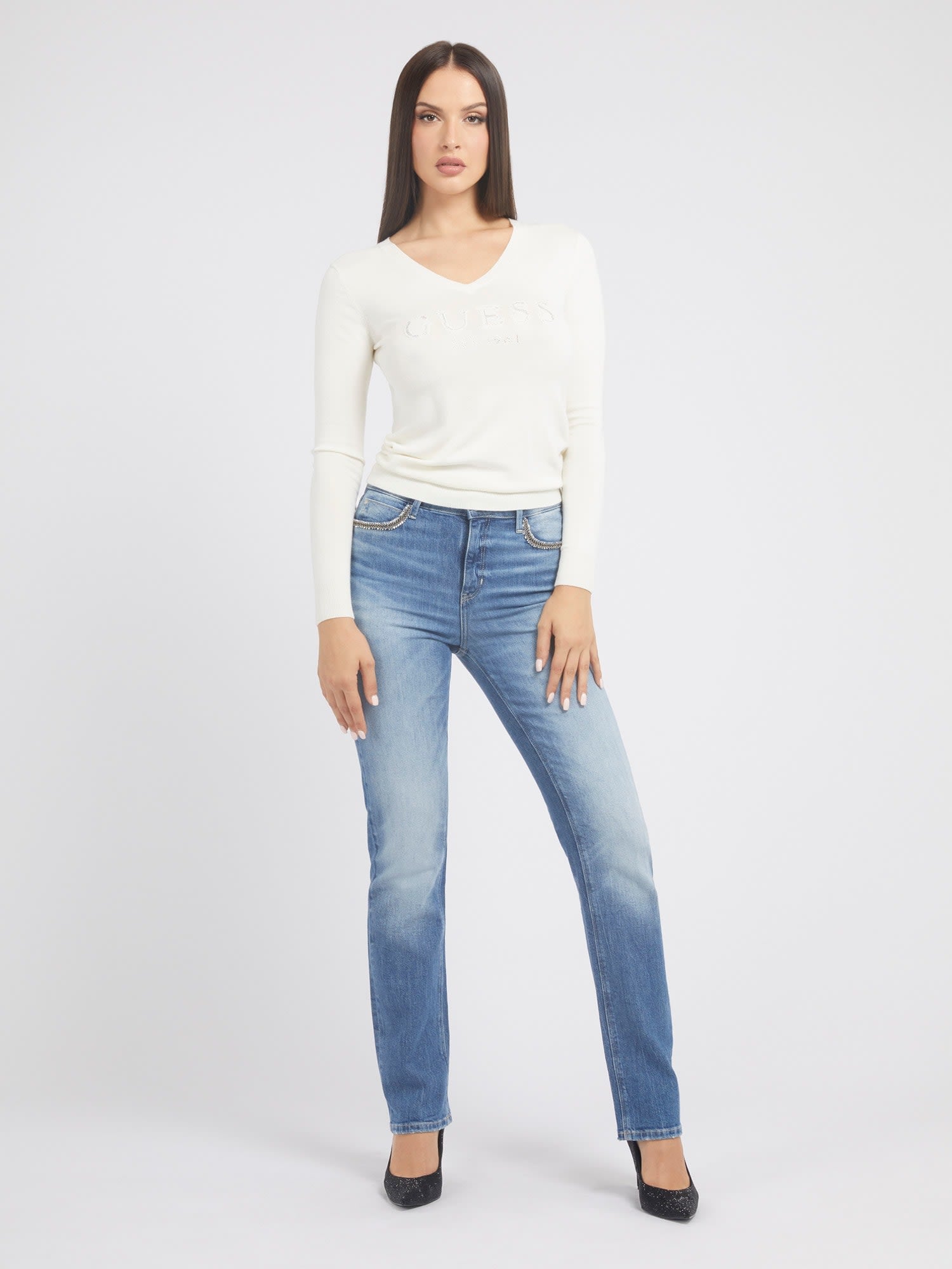 GUESS V-neck Jade Logo Sweater Knitted Sweater