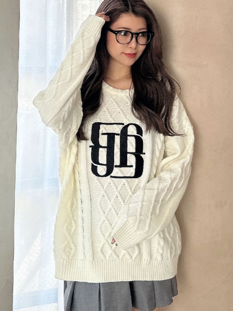 ジェイダ GYDA BIG GYGYロゴ刺繍ケーブルニットトップス （オフホワイト） オフホワイト
