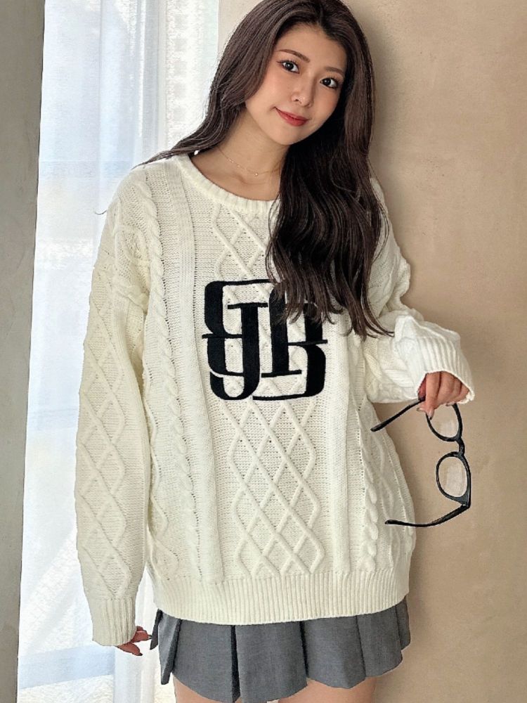 ジェイダ GYDA BIG GYGYロゴ刺繍ケーブルニットトップス （オフホワイト） オフホワイト