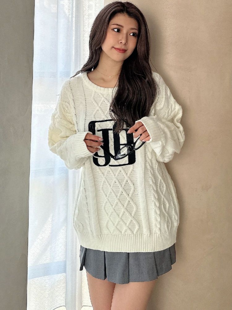 ジェイダ GYDA BIG GYGYロゴ刺繍ケーブルニットトップス （オフホワイト） オフホワイト
