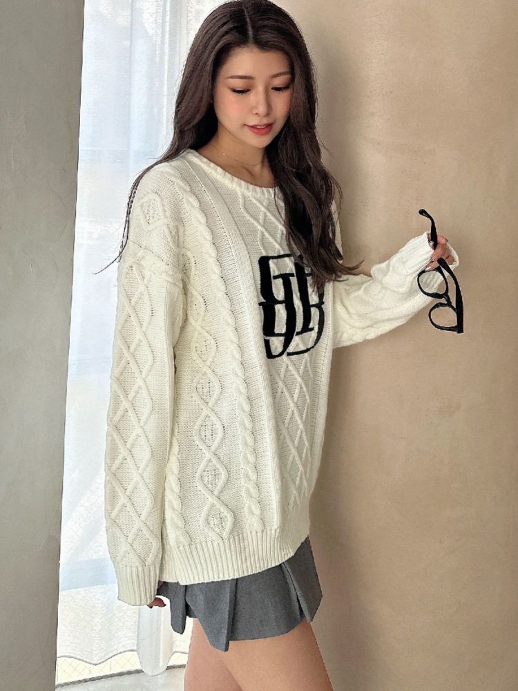 ジェイダ GYDA BIG GYGYロゴ刺繍ケーブルニットトップス （オフホワイト） オフホワイト