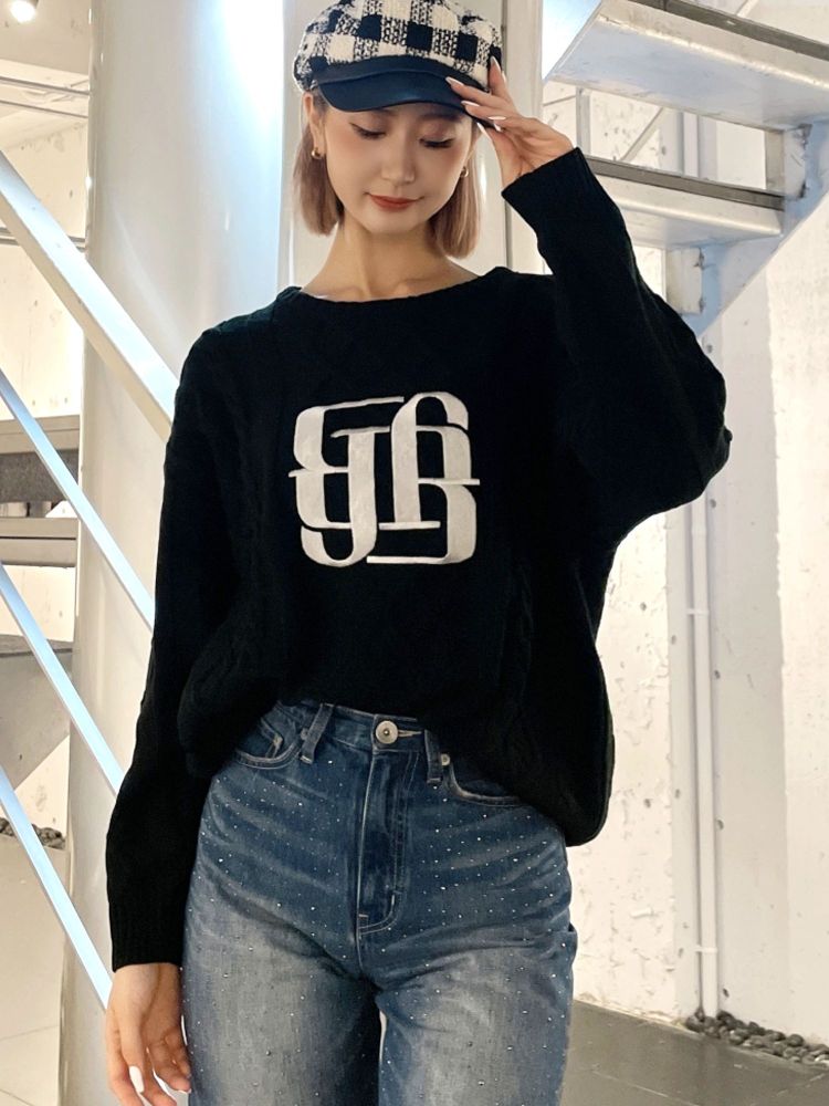 ジェイダ GYDA BIG GYGYロゴ刺繍ケーブルニットトップス （ブラック） ブラック