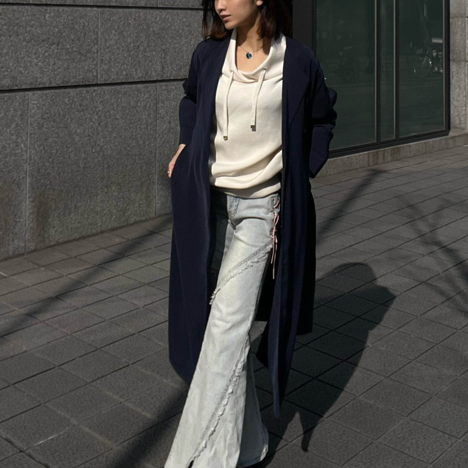 ヒューマンセカンドオケージョン Human 2nd Occasion バック異素材切替ガウン風コート （ネイビー） ネイビー