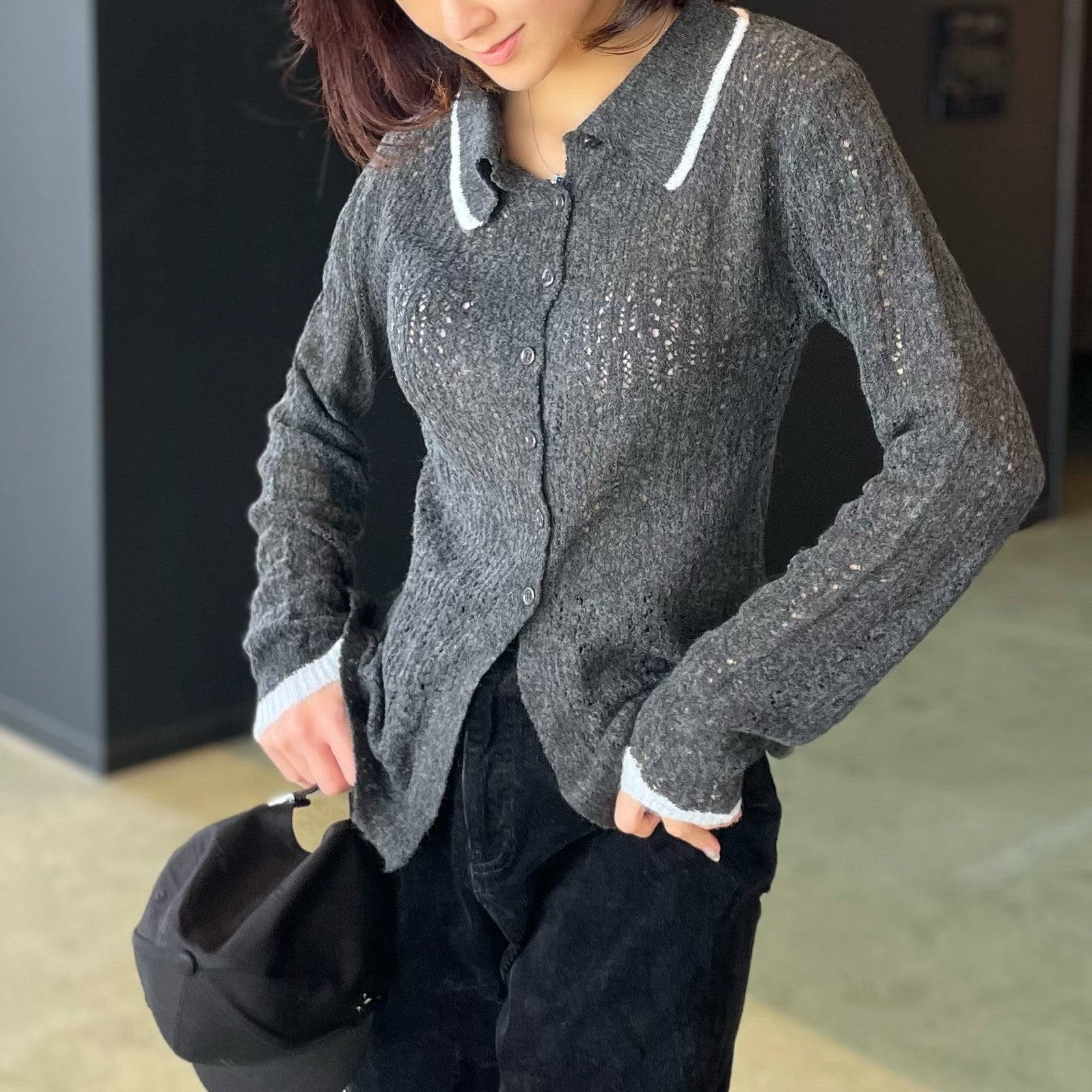 ヒューマンセカンドオケージョン Human 2nd Occasion 透かし編み配色ポロニットカーディガン （チャコールグレー） チャコールグレー