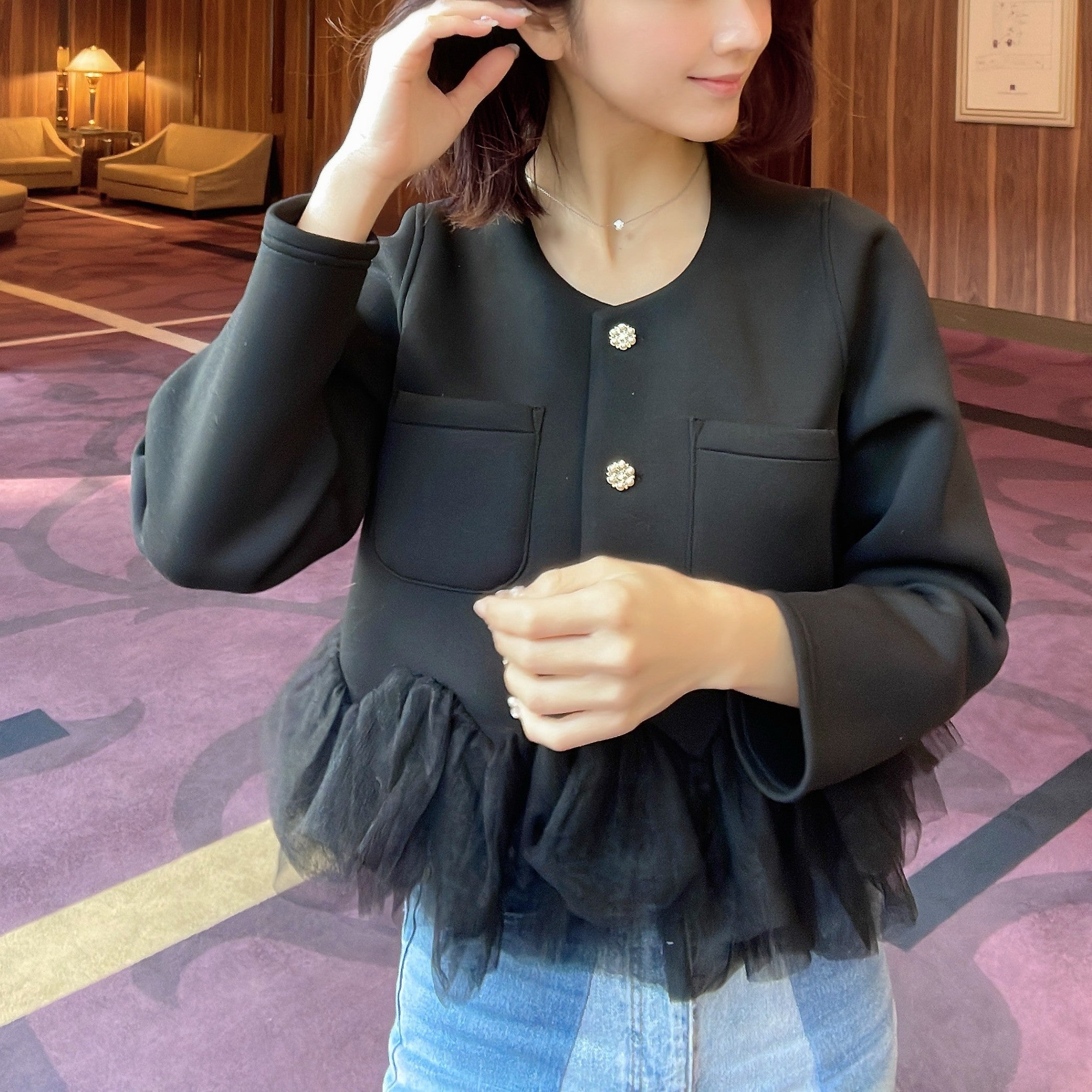 ヒューマンセカンドオケージョン Human 2nd Occasion チュールフリルノーカラージャケット （ブラック） ブラック