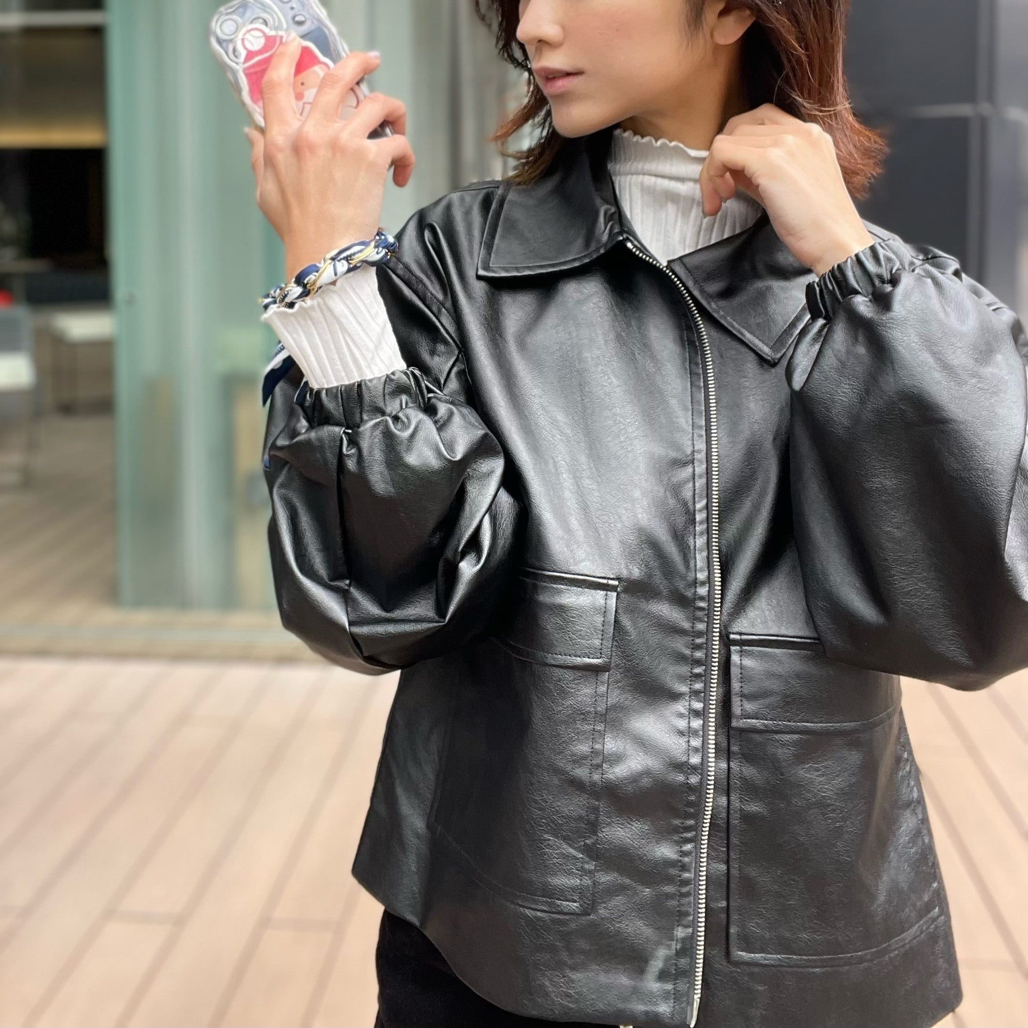 ヒューマンセカンドオケージョン Human 2nd Occasion フェイクレザースリーブコンシャスブルゾン （ブラック） ブラック