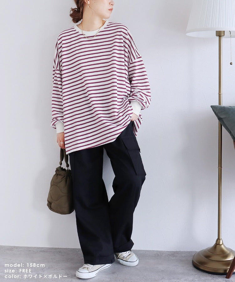 【ゆるっと着られて楽ちん♪】ビッグプルオーバー（ボーダー：ブラック×ホワイト）/ R21149-v ブラック×ホワイト