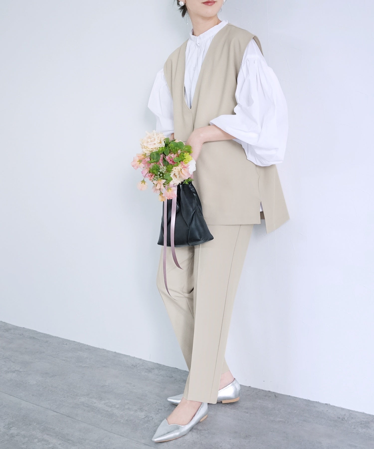 【2点セット】『自宅で洗える』Vネックベスト×テーパードパンツ（サンドベージュ）/ bel-hr-0617-set2 サンドベージュ