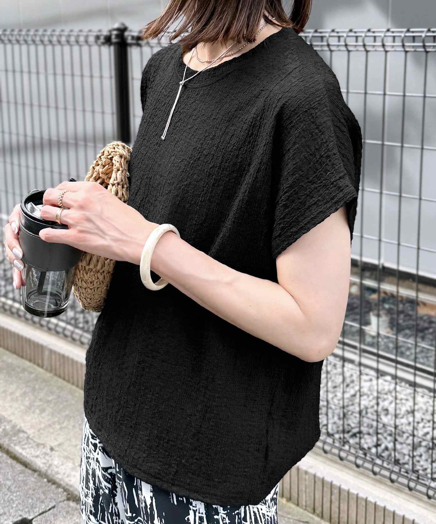 レカ reca カットシャーリングデザインフレンチスリーブTシャツ(R24139ーv) （ブラック） ブラック