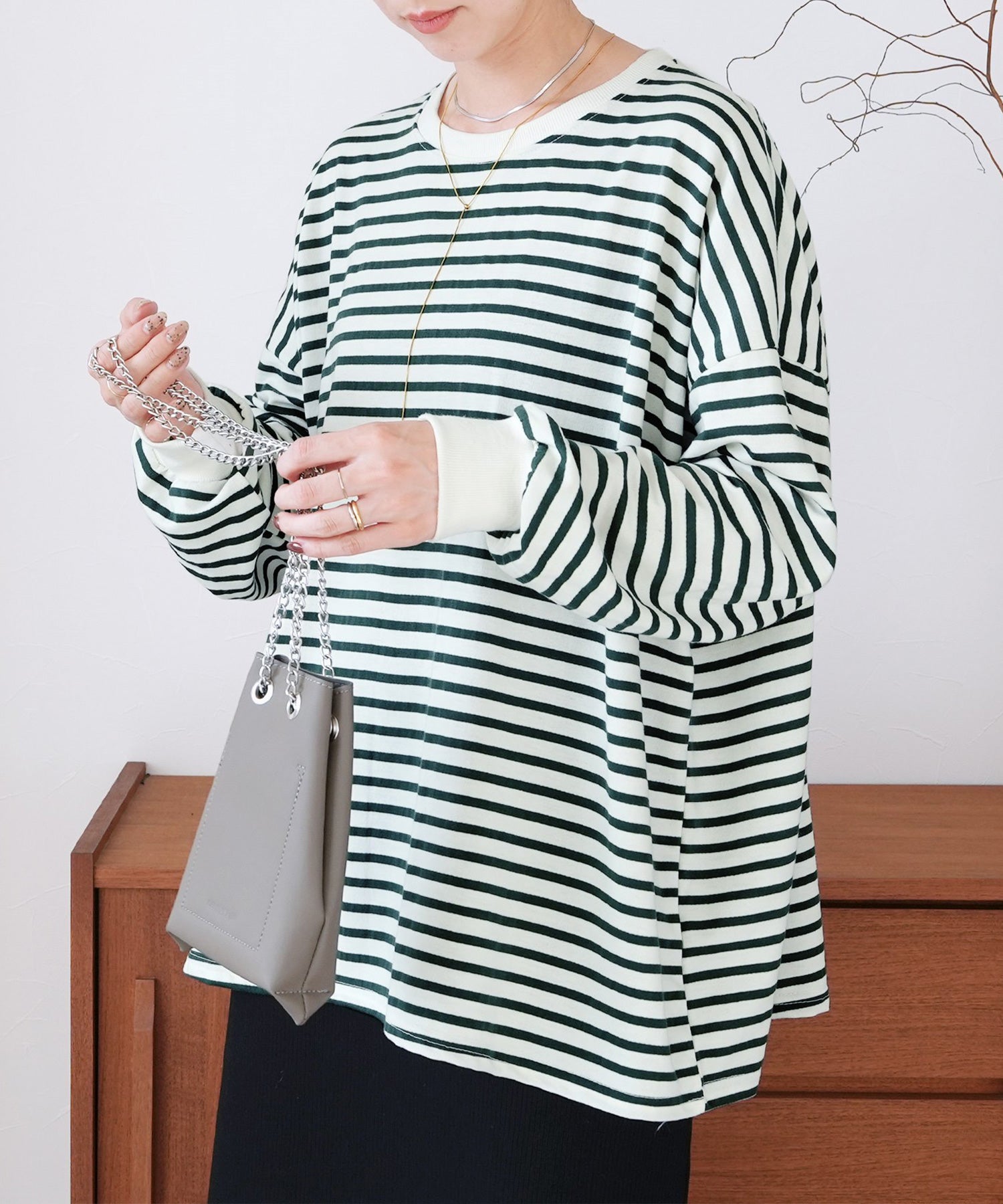 【ゆるっと着られて楽ちん♪】ビッグプルオーバー（ボーダー：ホワイト×ディープグリーン）/ R21149-v ホワイト×ディープグリーン