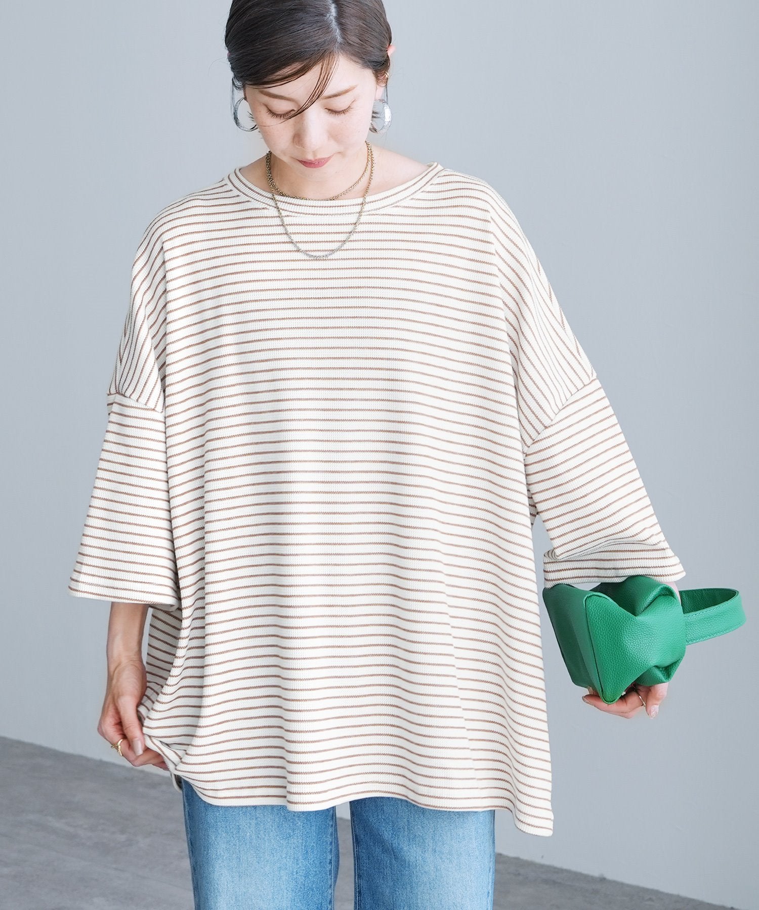 レカ reca 無地/ボーダー柄 ワッフルボックスワイドTシャツ（R25102-k）【B：ボーダー】ホワイト×ブラウン 【B：ボーダー】ホワイト×ブラウン
