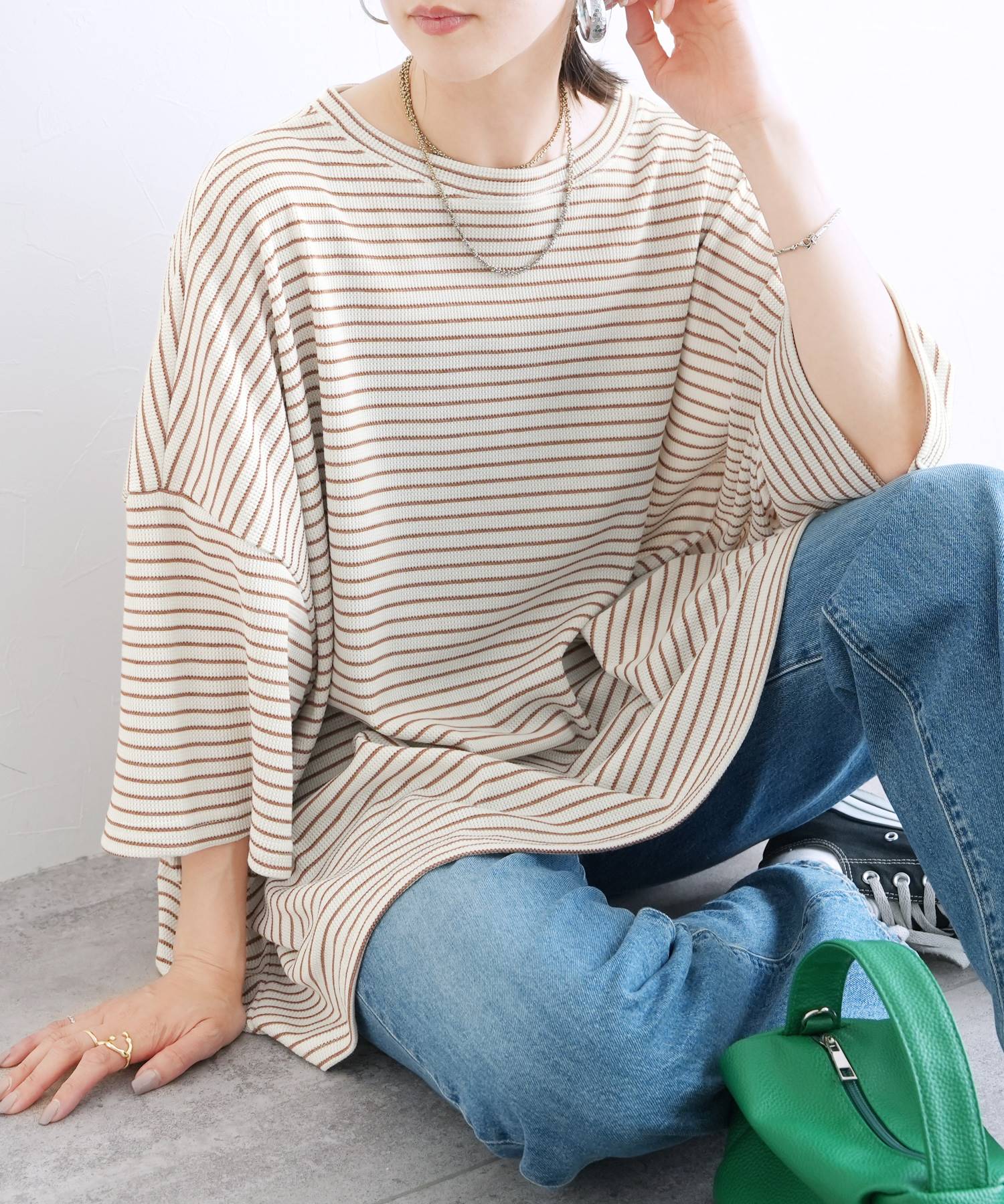 レカ reca 無地/ボーダー柄 ワッフルボックスワイドTシャツ（R25102-k）【B：ボーダー】ホワイト×ブラウン 【B：ボーダー】ホワイト×ブラウン