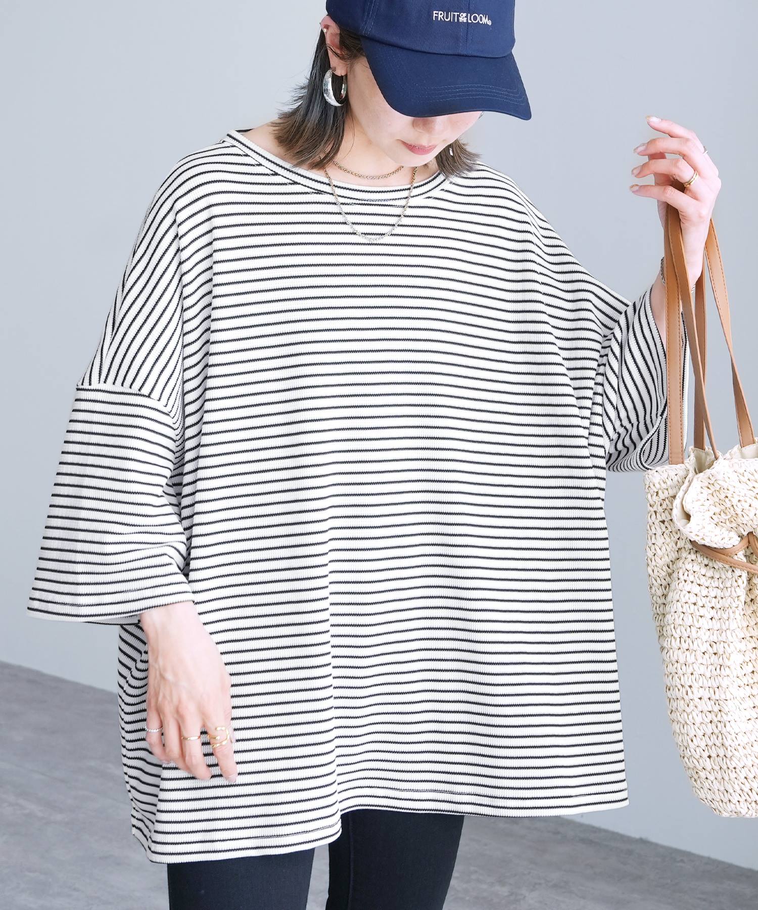 レカ reca 無地/ボーダー柄 ワッフルボックスワイドTシャツ（R25102-k）【B：ボーダー】ホワイト×ブラウン 【B：ボーダー】ホワイト×ブラウン