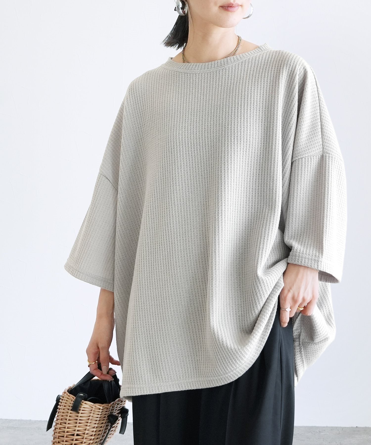 レカ reca 無地/ボーダー柄 ワッフルボックスワイドTシャツ（R25102-k）【B：ボーダー】ホワイト×ブラウン 【B：ボーダー】ホワイト×ブラウン
