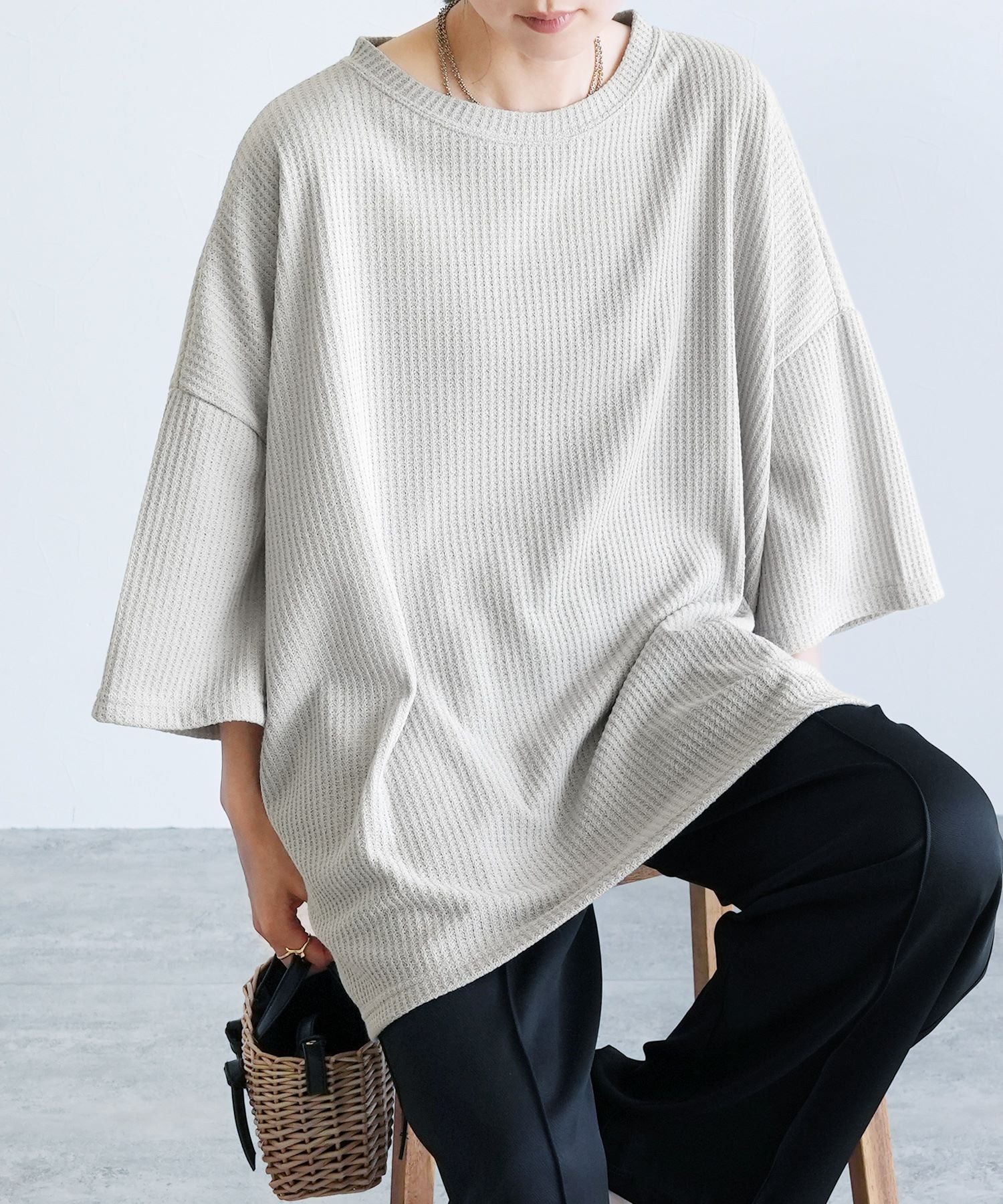 レカ reca 無地/ボーダー柄 ワッフルボックスワイドTシャツ（R25102-k）【B：ボーダー】ホワイト×ブラウン 【B：ボーダー】ホワイト×ブラウン
