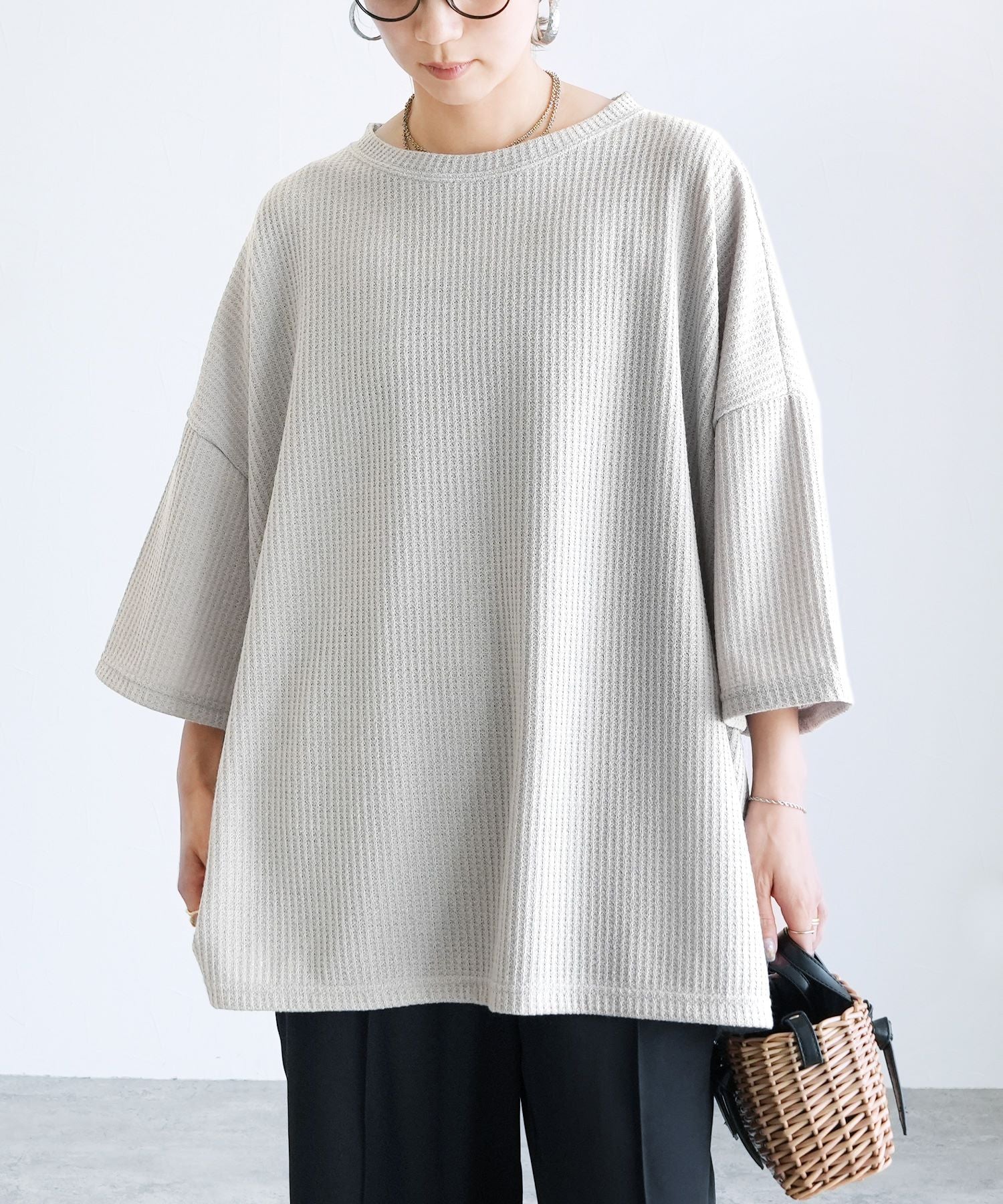 レカ reca 無地/ボーダー柄 ワッフルボックスワイドTシャツ（R25102-k）【B：ボーダー】ホワイト×ブラウン 【B：ボーダー】ホワイト×ブラウン