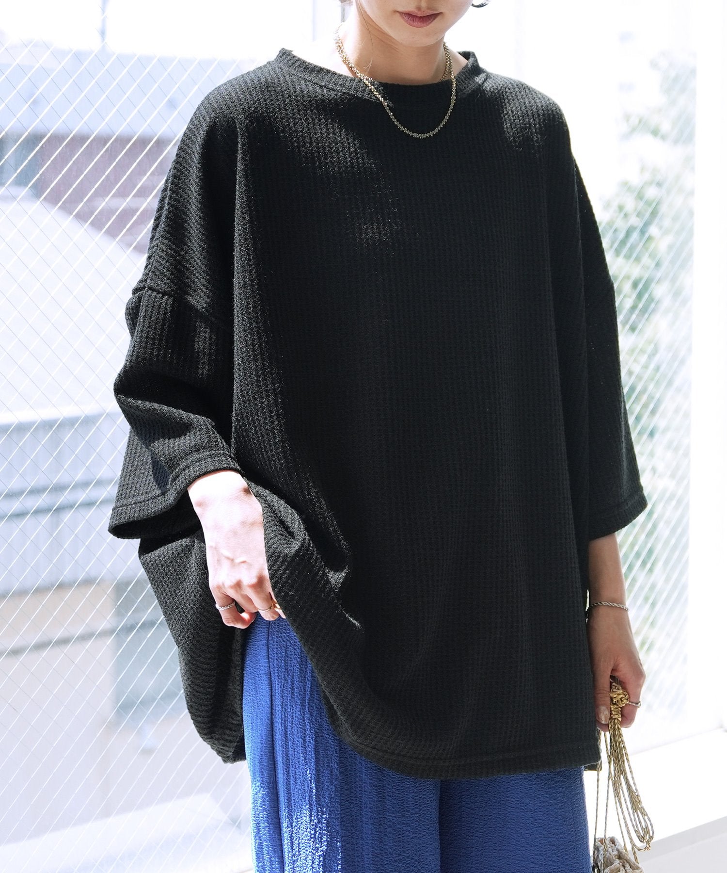 レカ reca 無地/ボーダー柄 ワッフルボックスワイドTシャツ（R25102-k）【B：ボーダー】ホワイト×ブラウン 【B：ボーダー】ホワイト×ブラウン
